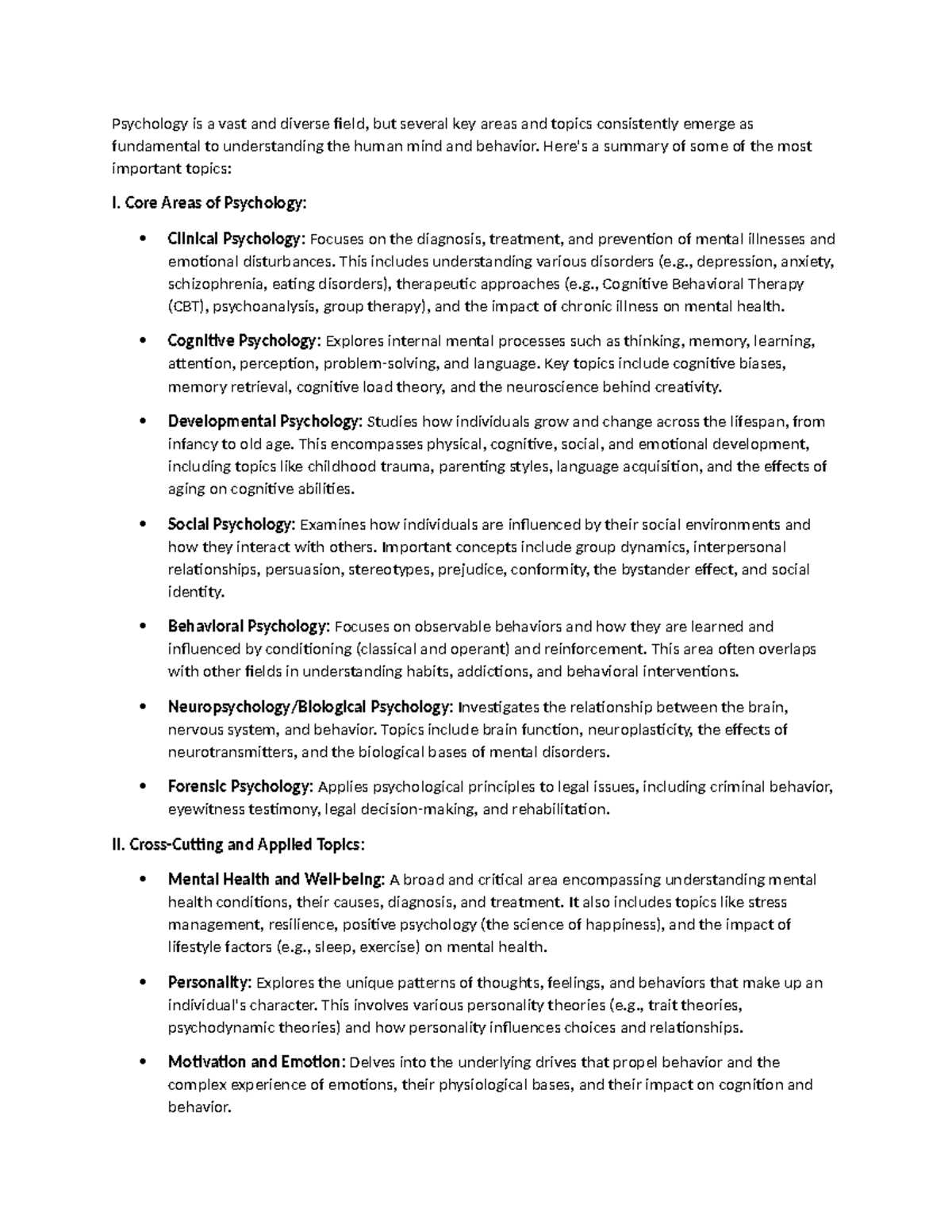 Psychology 101: Key Areas and Topics Summary - Studocu