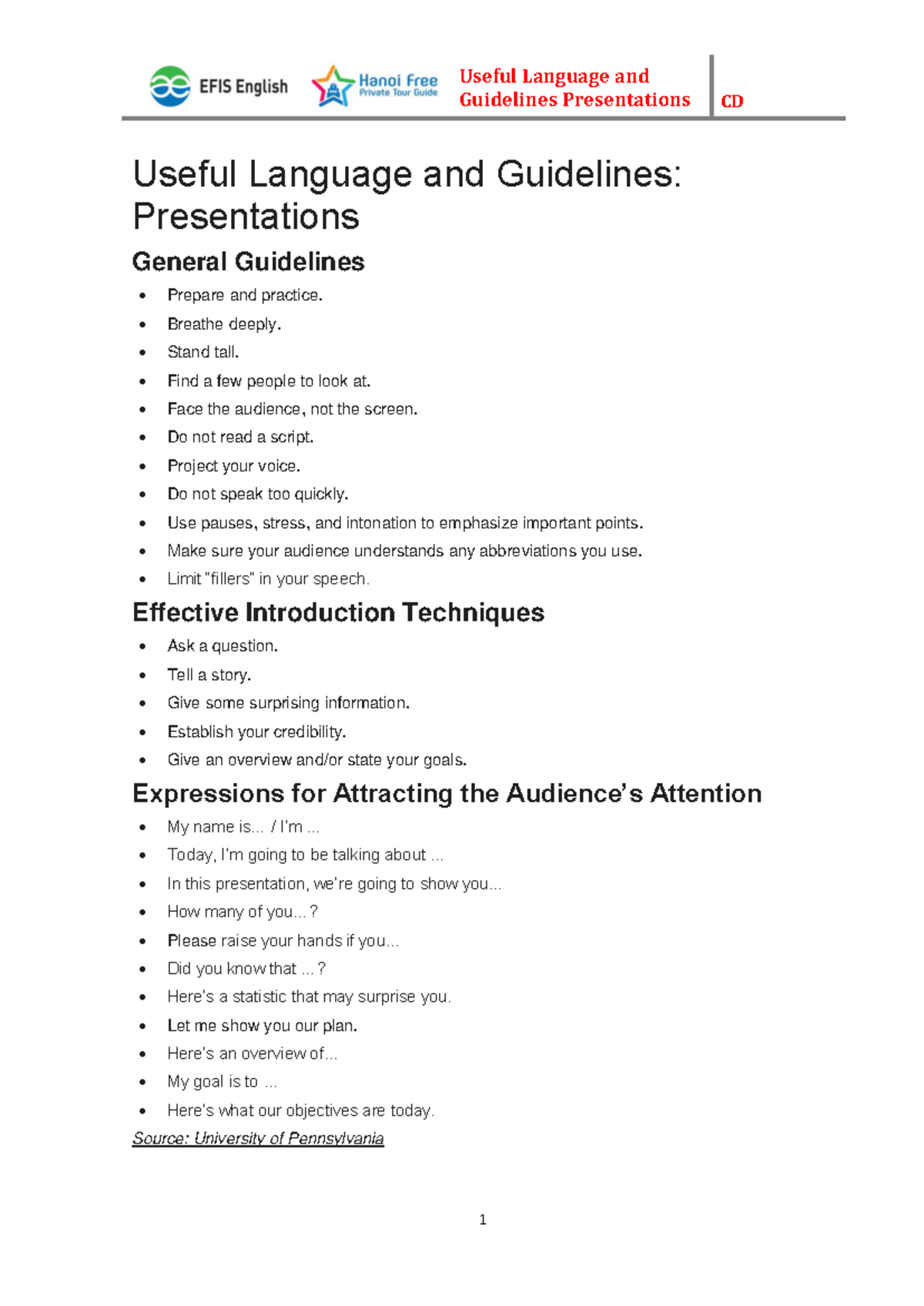 Useful Language and Guidelines for Presentations CD - Studocu