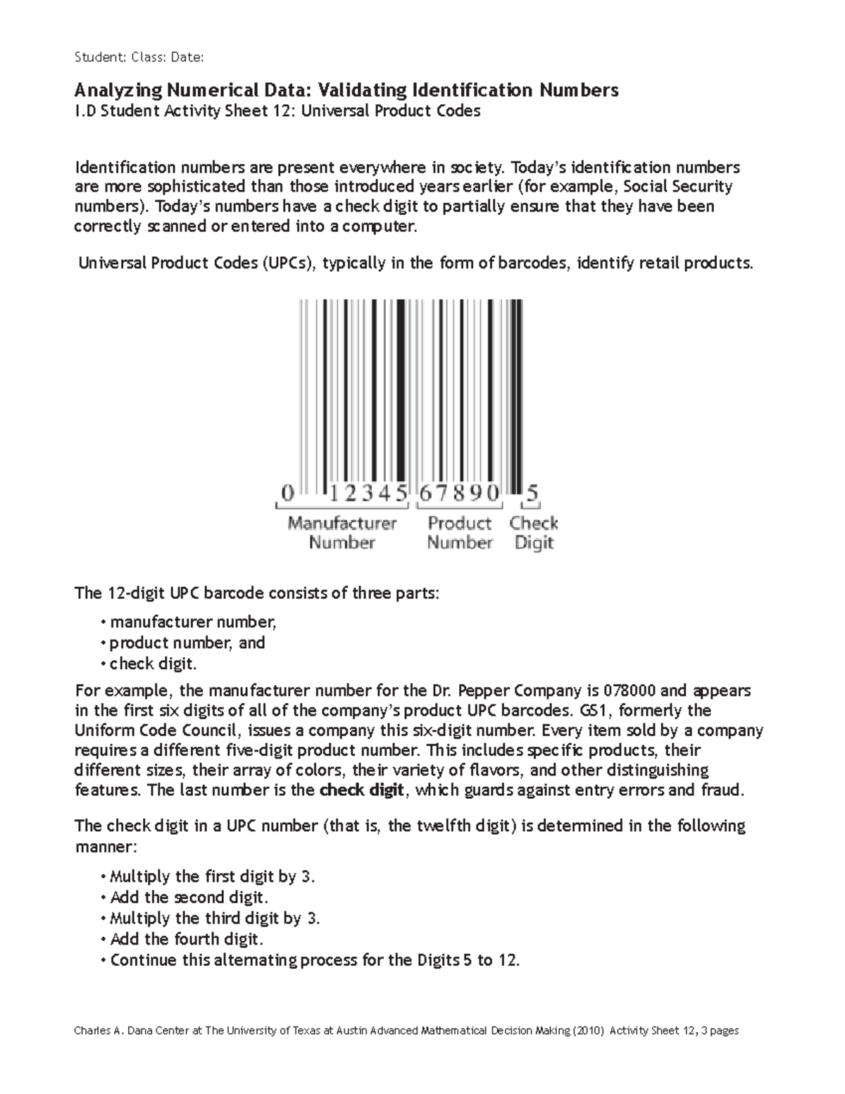 AQR 1 - Barcode assignment - Student: Class: Date: Analyzing Numerical ...