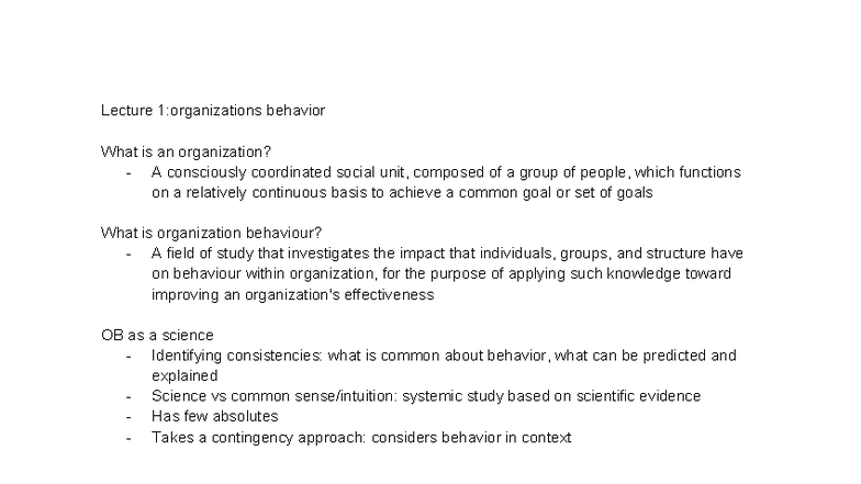 OB 101: Lecture Notes on Organizational Behavior and Personality - Studocu