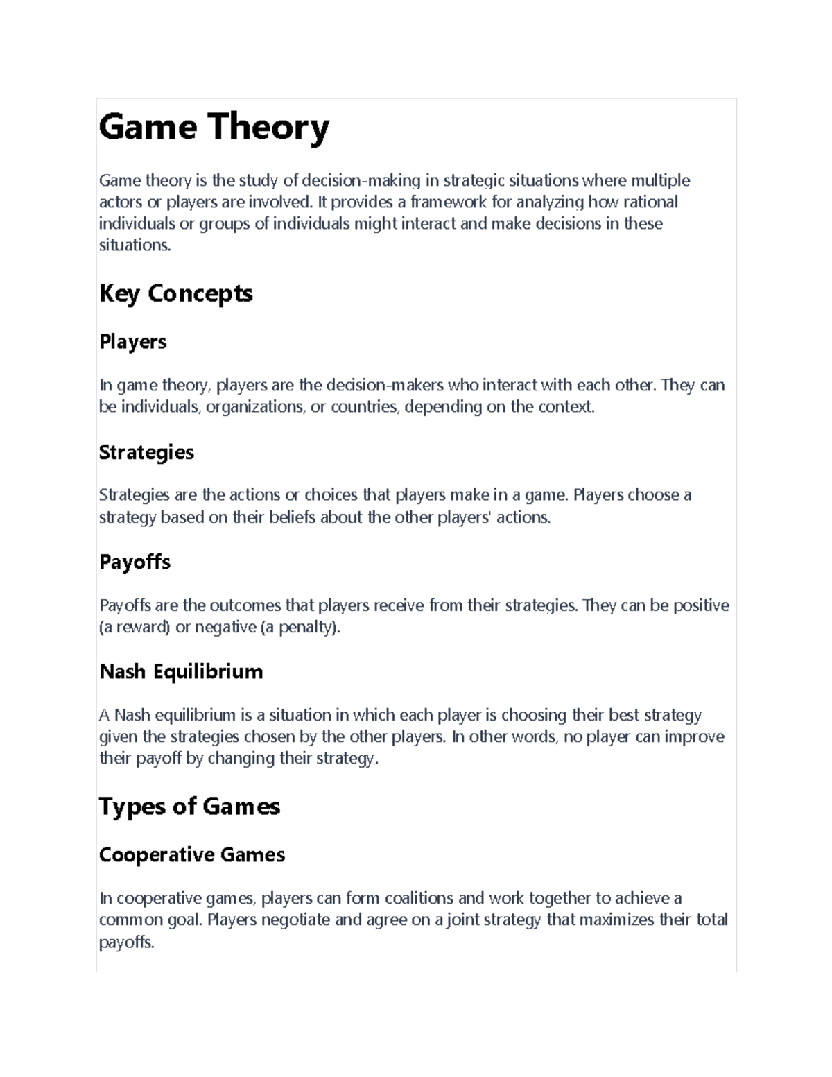 Game Theory Notes: Key Concepts, Applications, & Limitations - Studocu