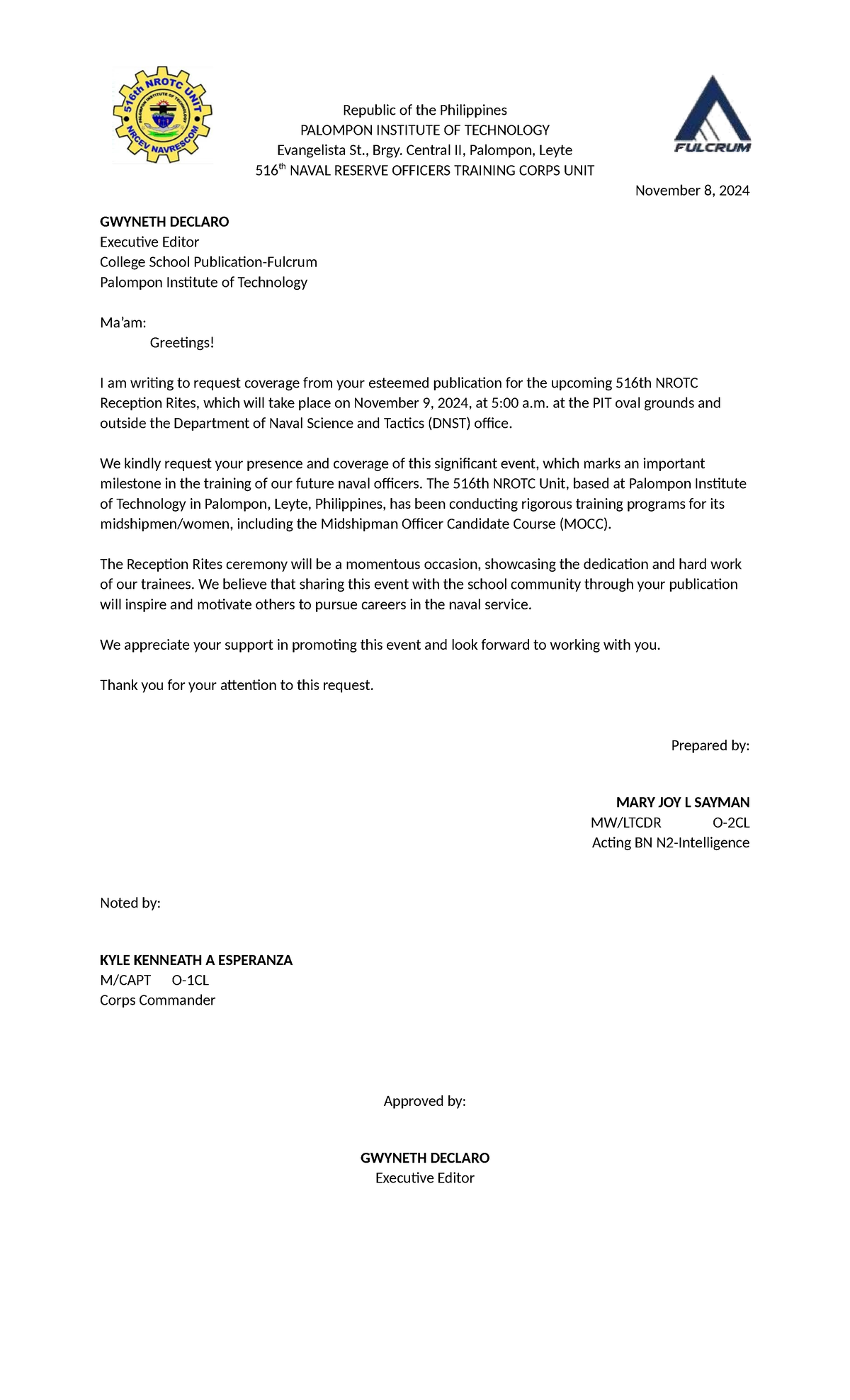 Request for Coverage: 516th NROTC Reception Rites Event - Studocu