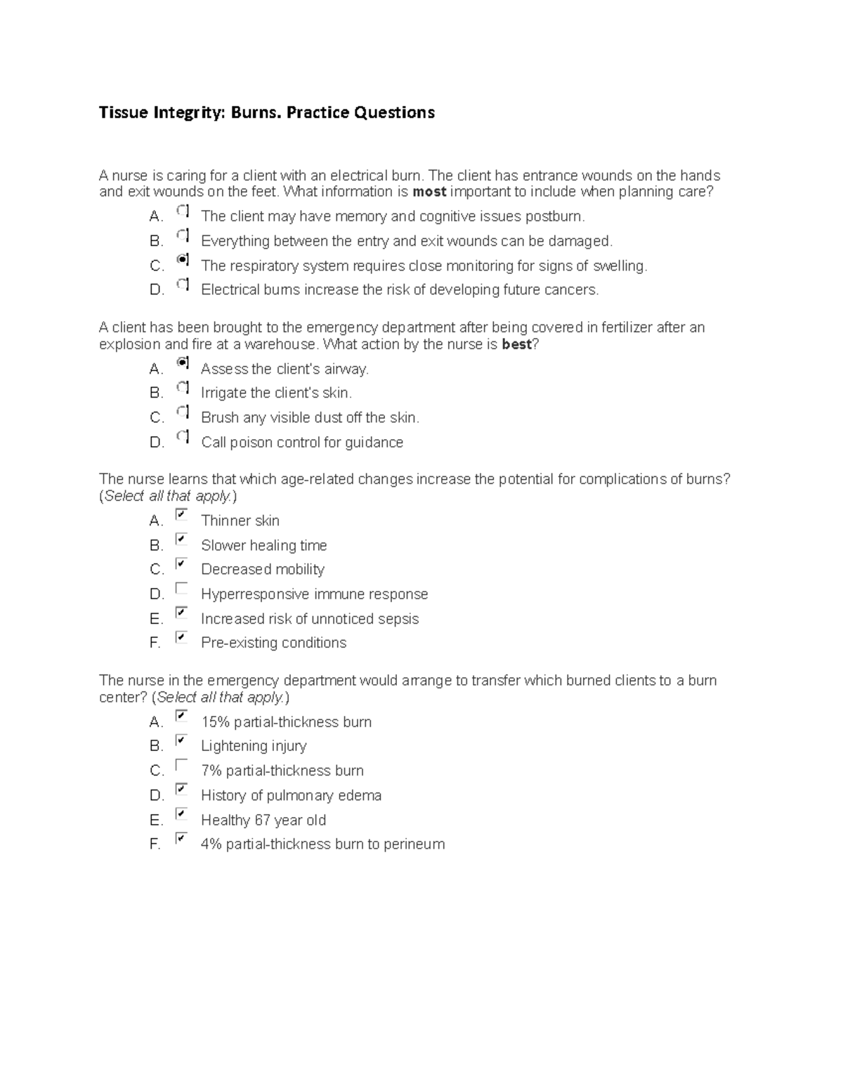 Tissue Integrity: Burns - Practice Questions for Nursing Exam - Studocu