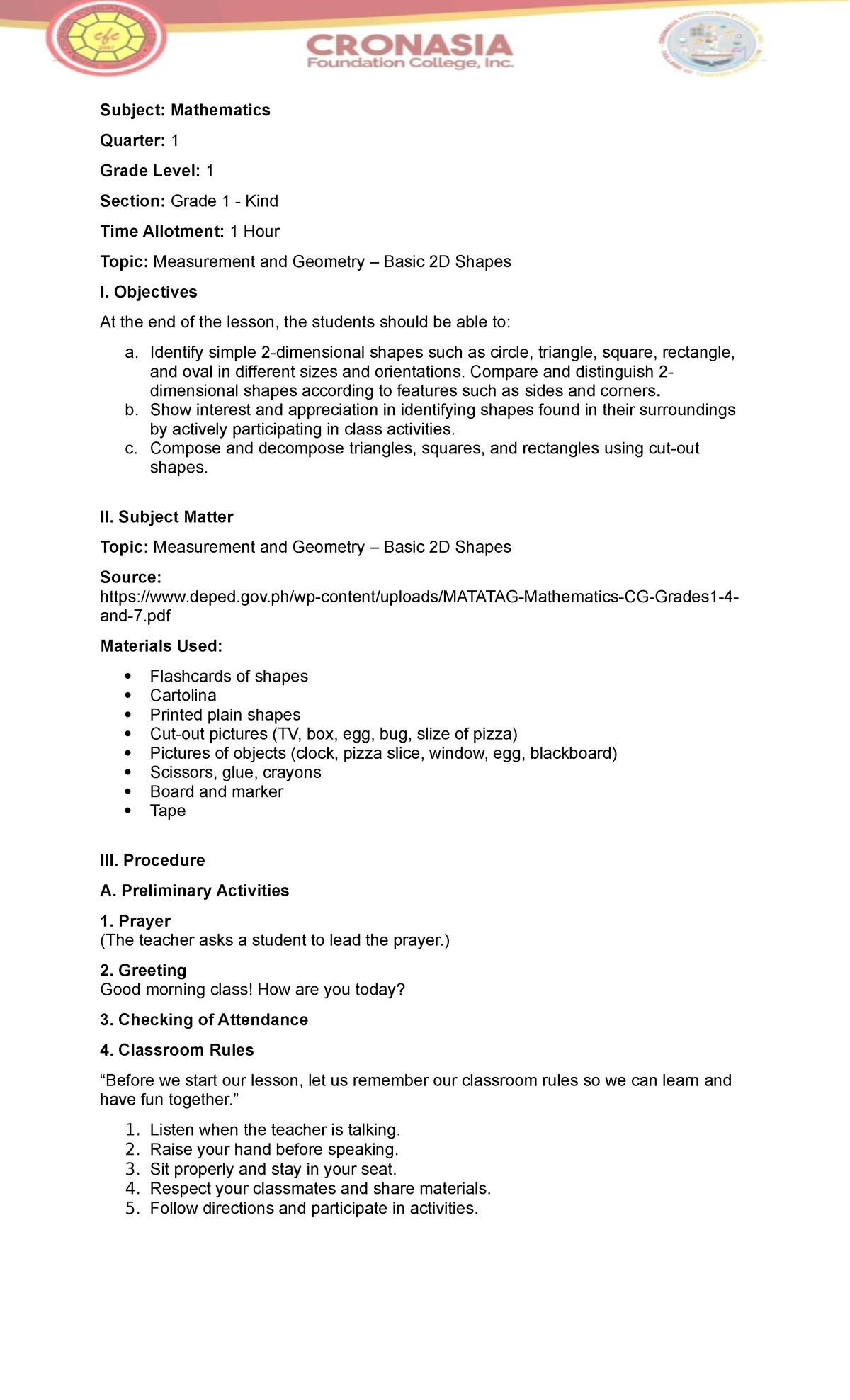Lesson Plan: Measurement & Geometry - Basic 2D Shapes (Grade 1) - Studocu