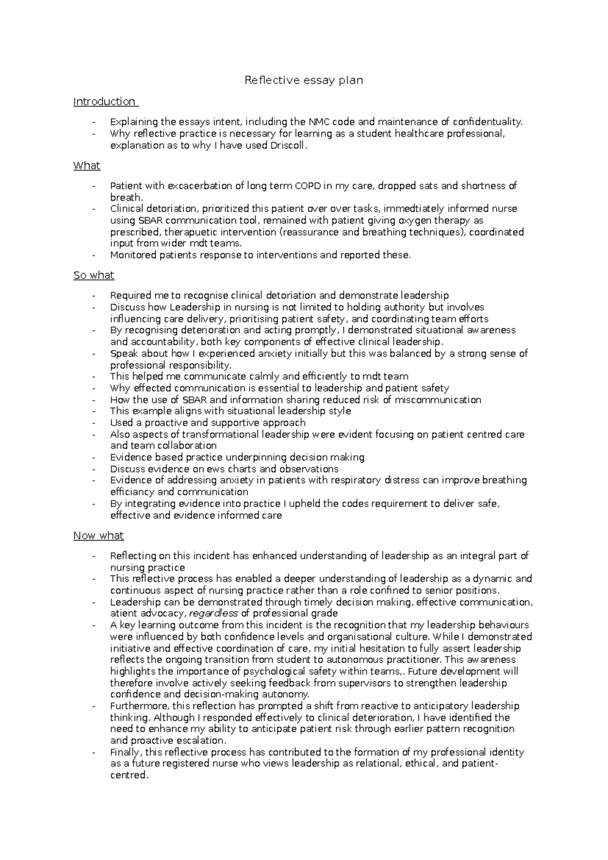 Reflective Essay Plan: Leadership in Nursing Practice (NMC 2018) - Studocu