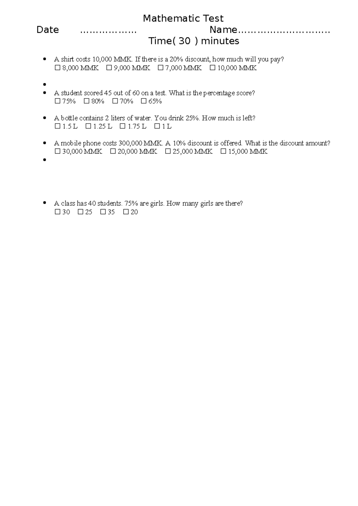01 - thanks - Mathematic Test Date .................. Name ...