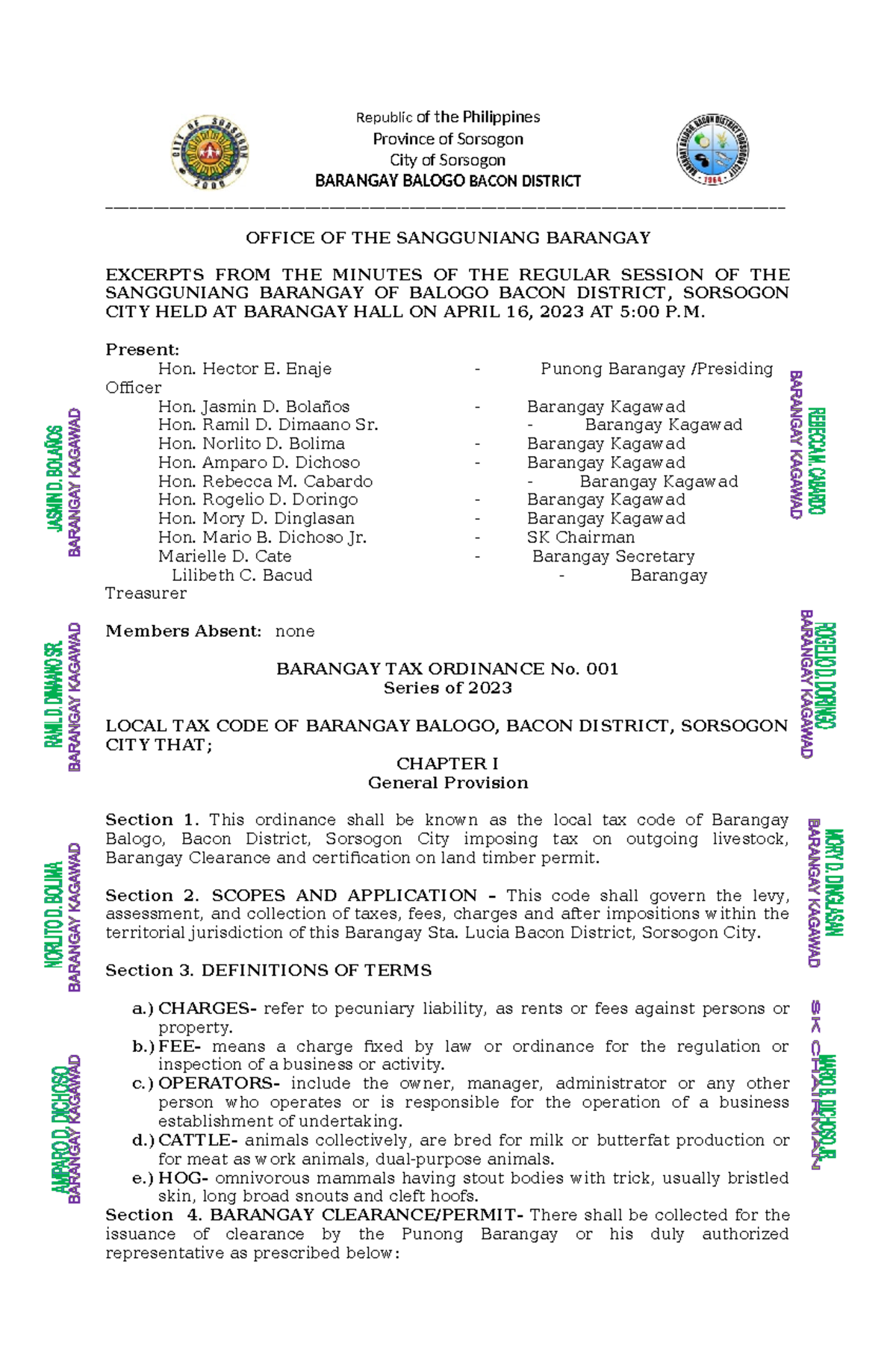Barangay Tax Ordinance No. 7 - 2023 for Balogo Bacon District, Sorsogon ...