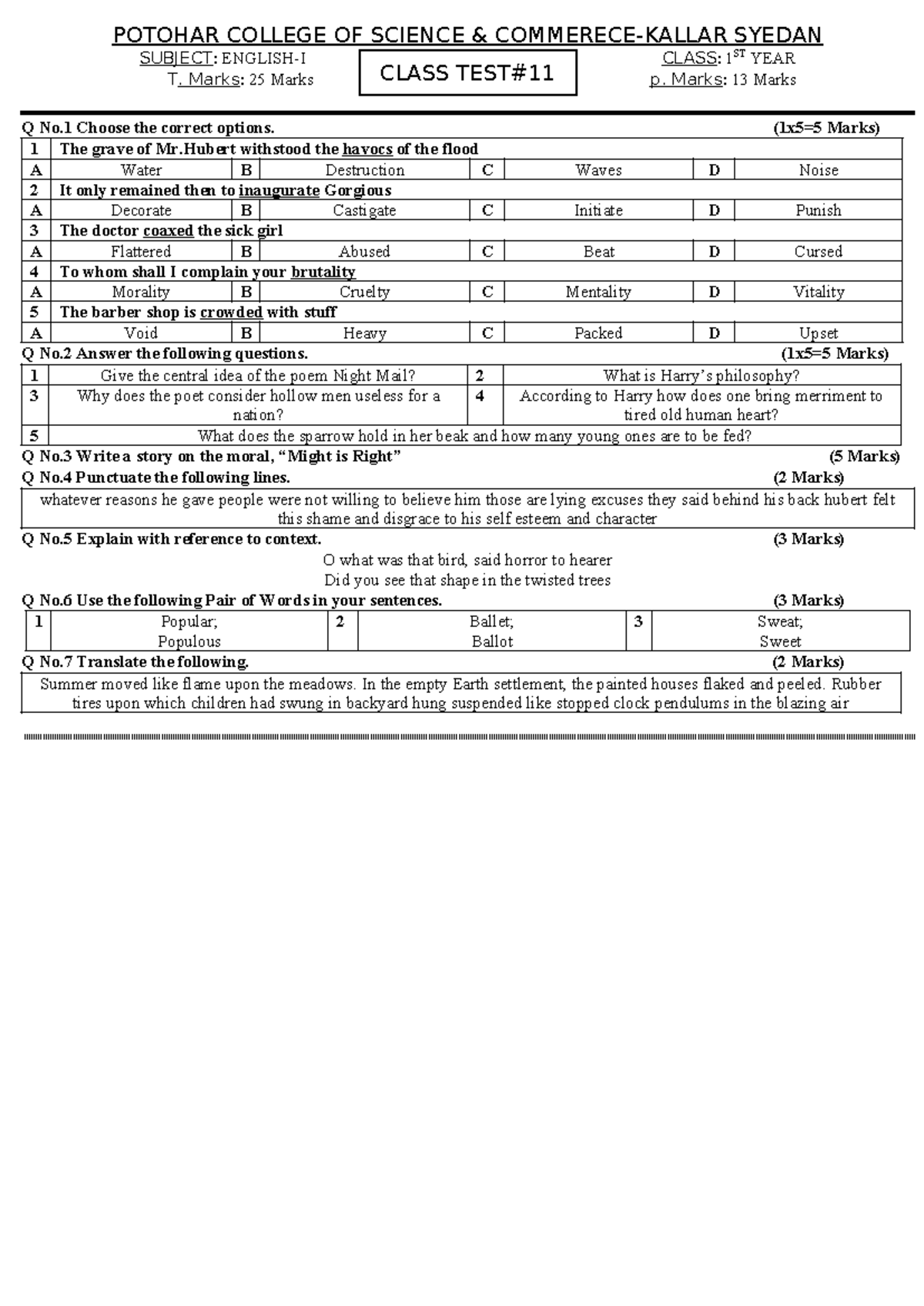 1ST Year Class Test 11 - Because I need this - CLASS TEST# POTOHAR ...
