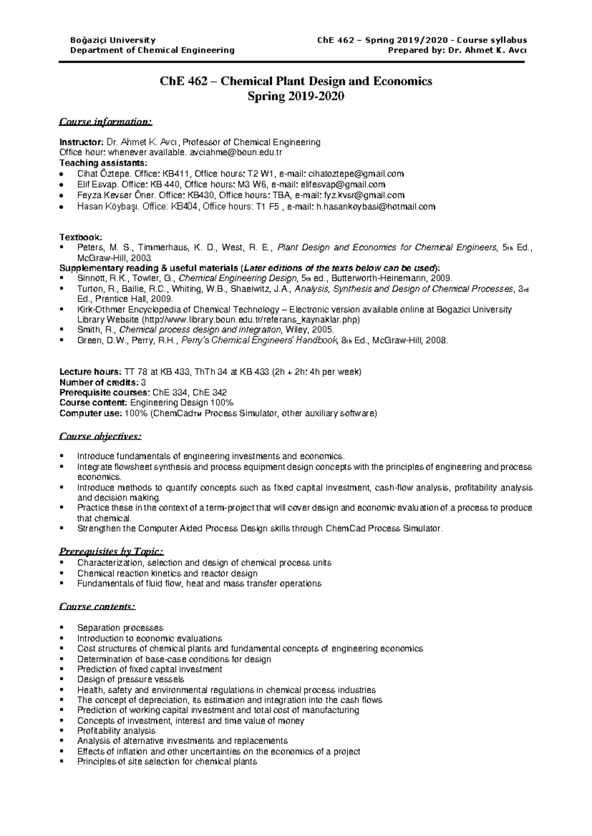 Ch E462 Course Syllabus Spring 1920 - Boğaziçi University Department of ...
