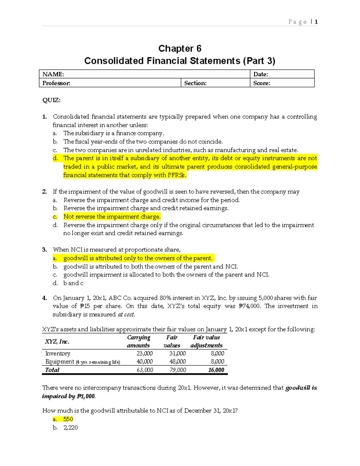 Quiz: Chapter 6 - Consolidated Financial Statements (Part 3) - Studocu