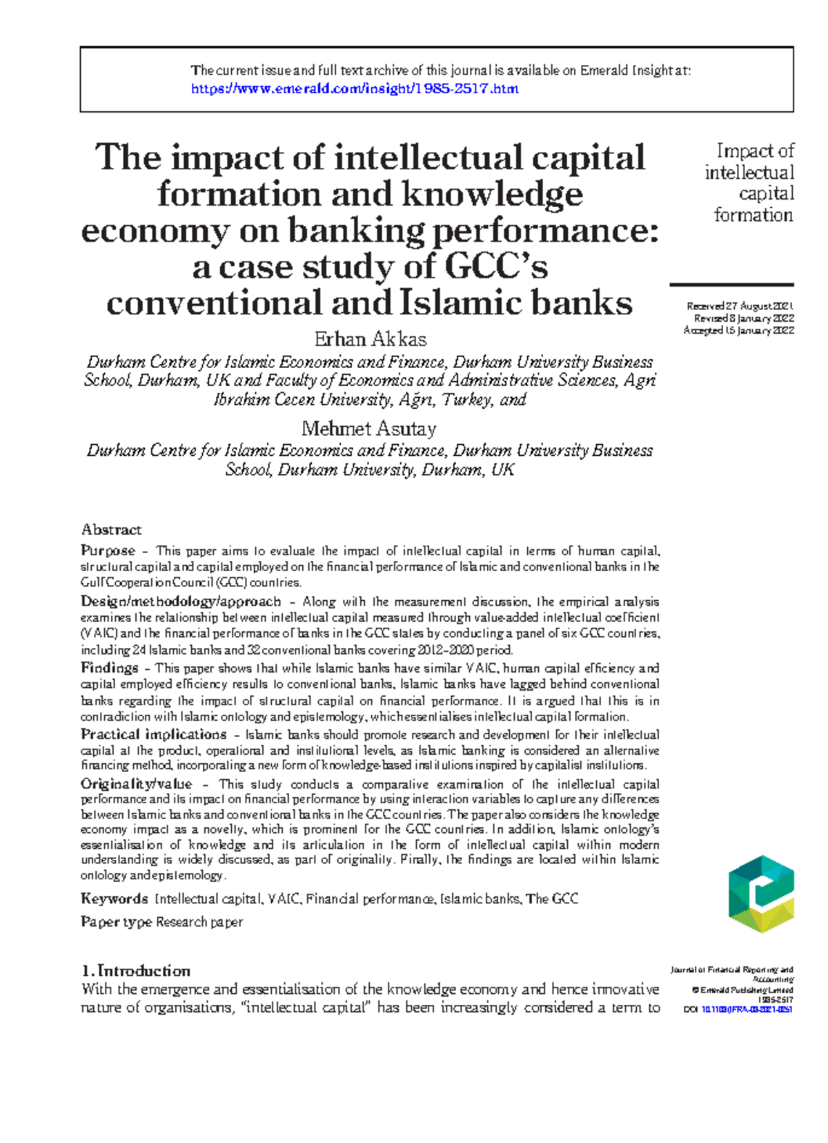 The Impact of Intellectual Capital on Banking Performance in GCC: A ...