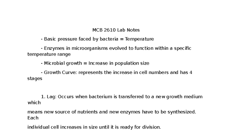 MCB 2610 Lab Notes: Microbial Growth and Enzyme Activity - Studocu