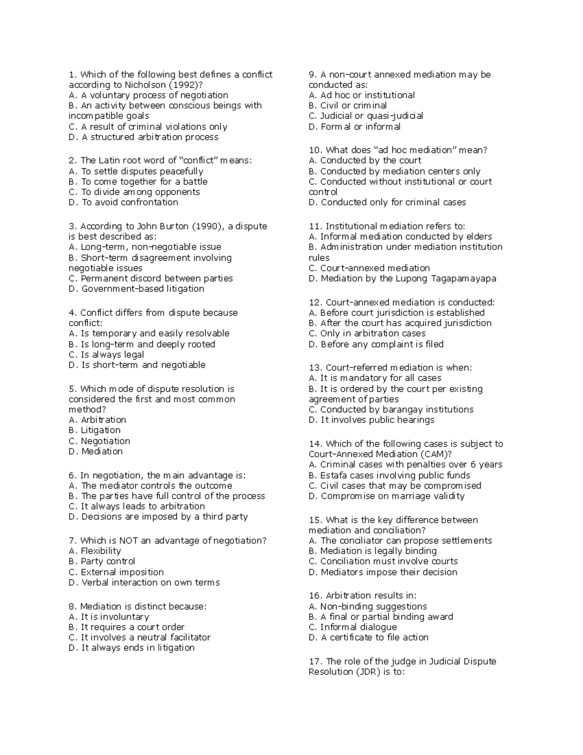 Dispute Resolution Prelim Exam Practice Questions (ADR 101) - Studocu