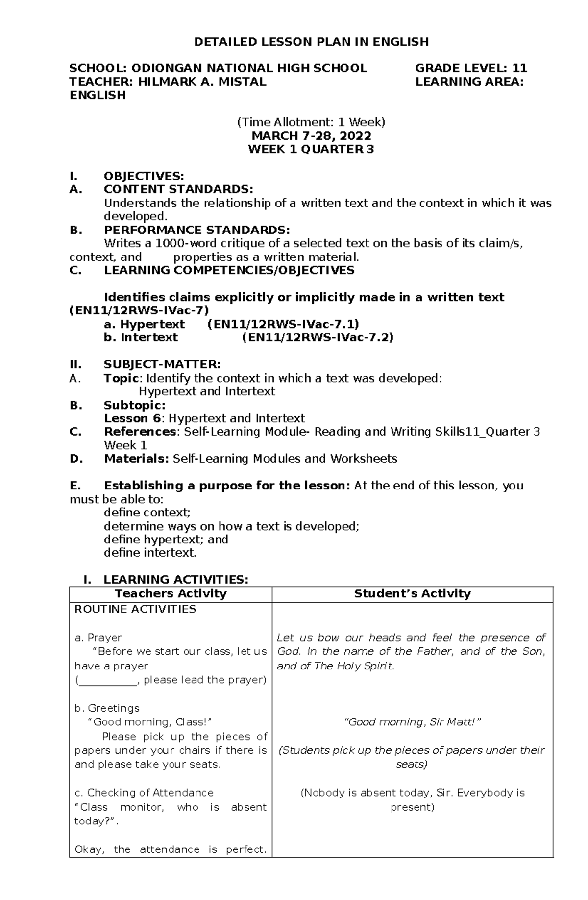 Detailed Lesson Plan: Hypertext and Intertext (ENG 11, Week 1) - Studocu