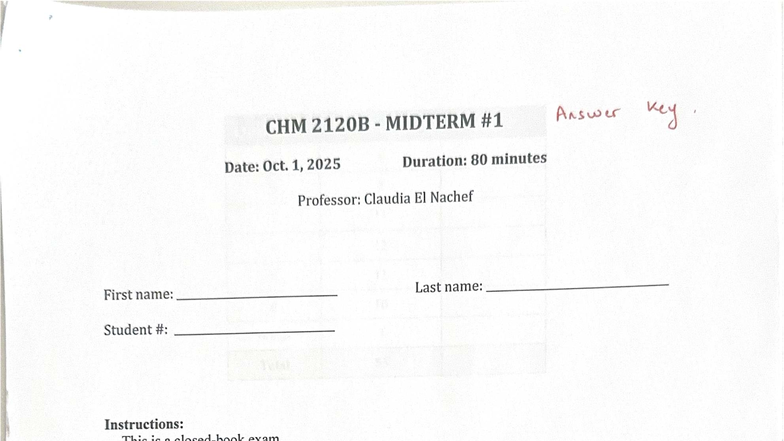 CHM 2120B Midterm 1 Answer Key - Fall 2025 - Studocu