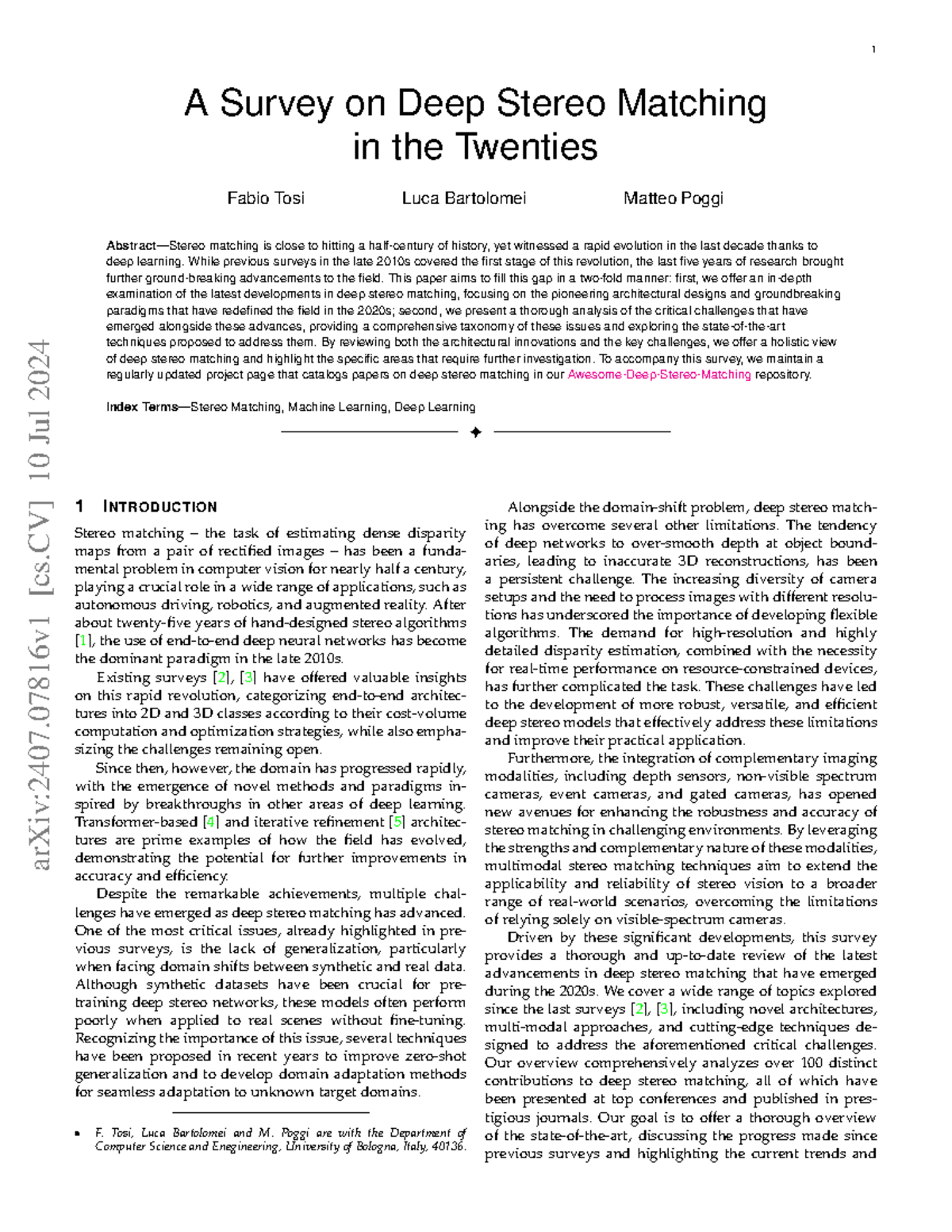 2024 A Survey on Deep Stereo Matching: Advances and Challenges - Studocu