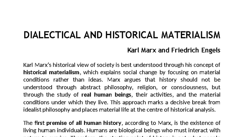DIALECTICAL & HISTORICAL MATERIALISM: Insights from Marx & Engels - Studocu