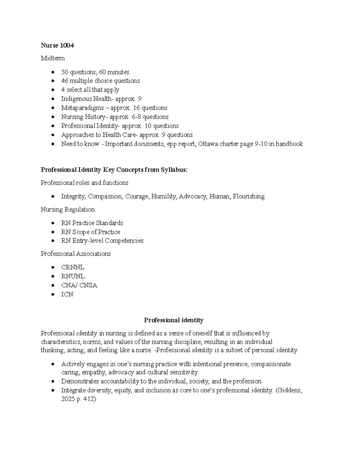 NURSE-1004 - Midterm Exam Study Guide on Nursing Concepts - Studocu