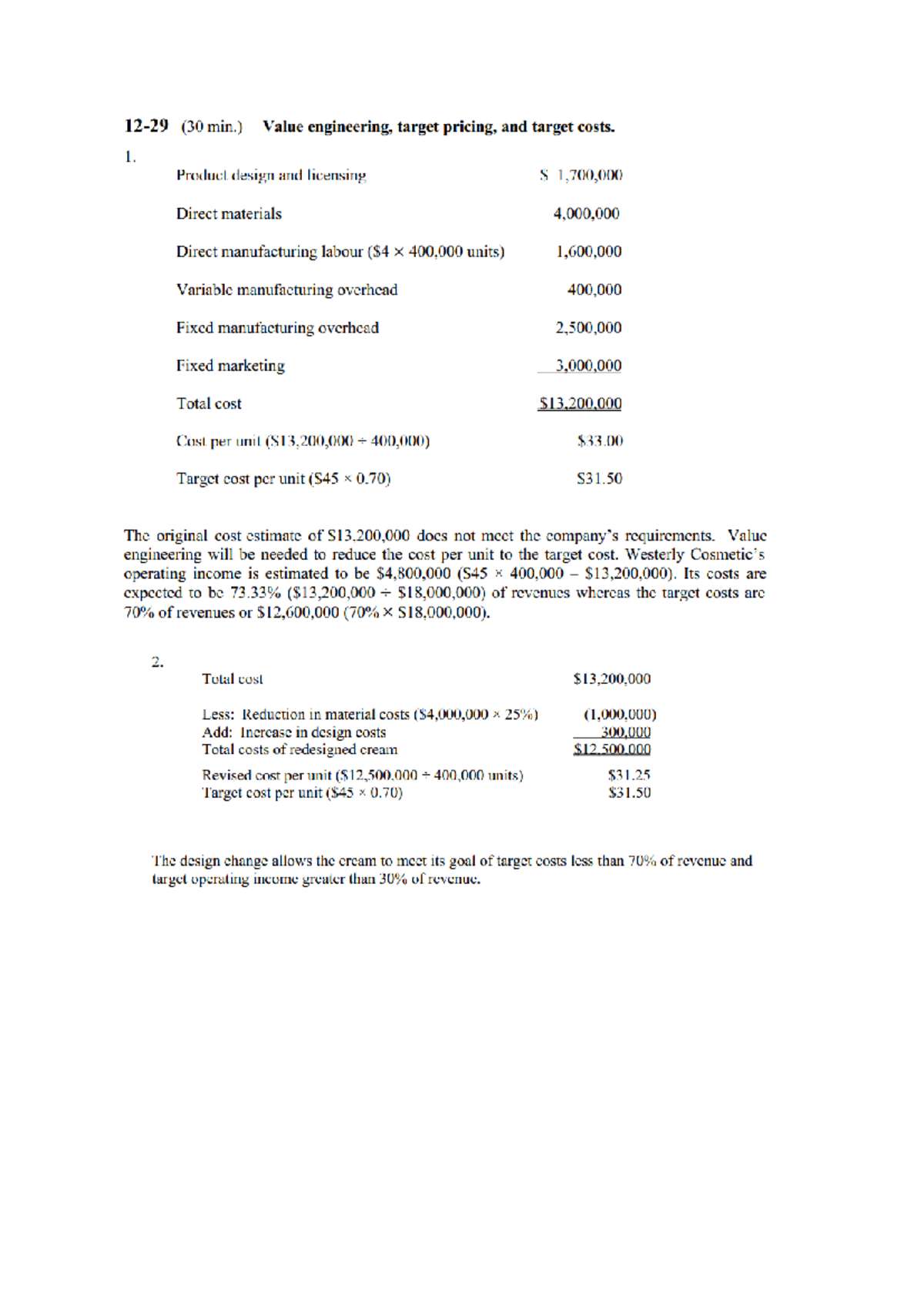 Horngren 12-29 Value Engineering & Target Cost Analysis - Studocu