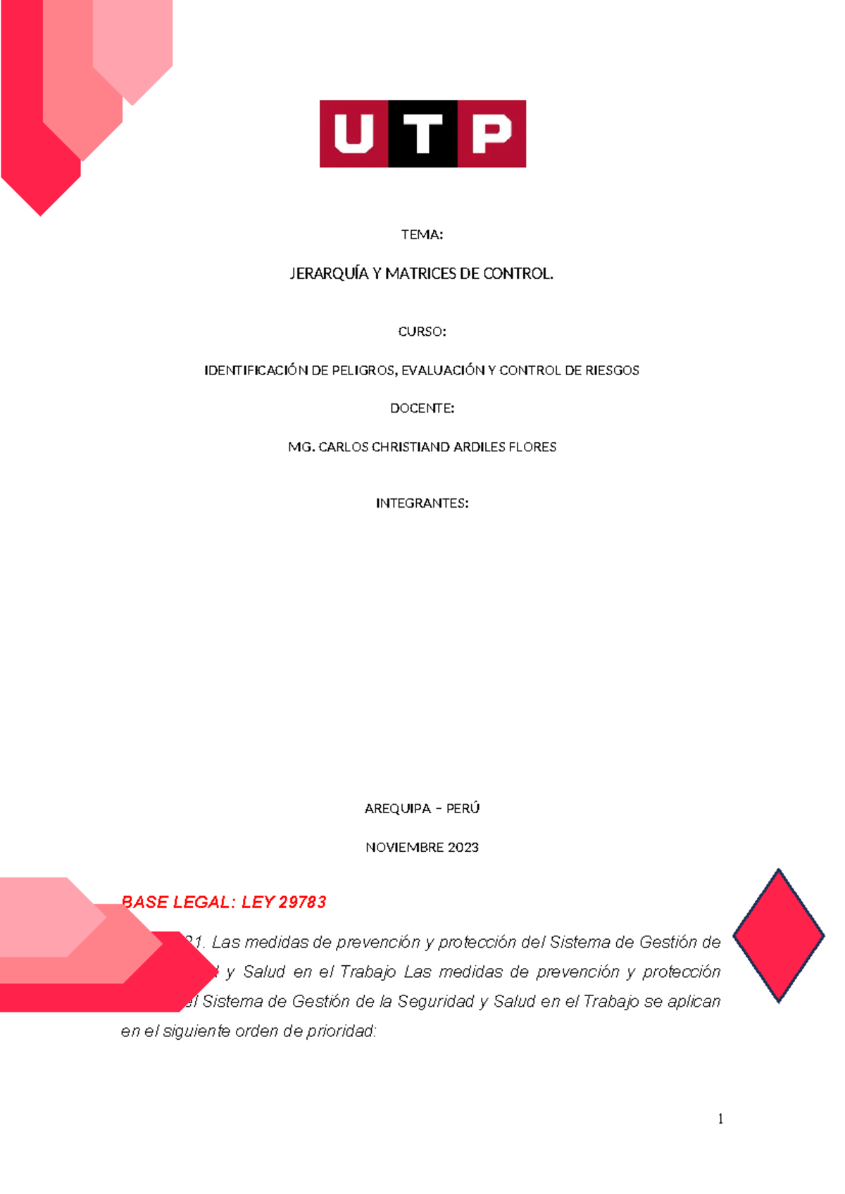 Jerarquía y Matrices de Control - Identificación de Peligros y Riesgos - Document Preview