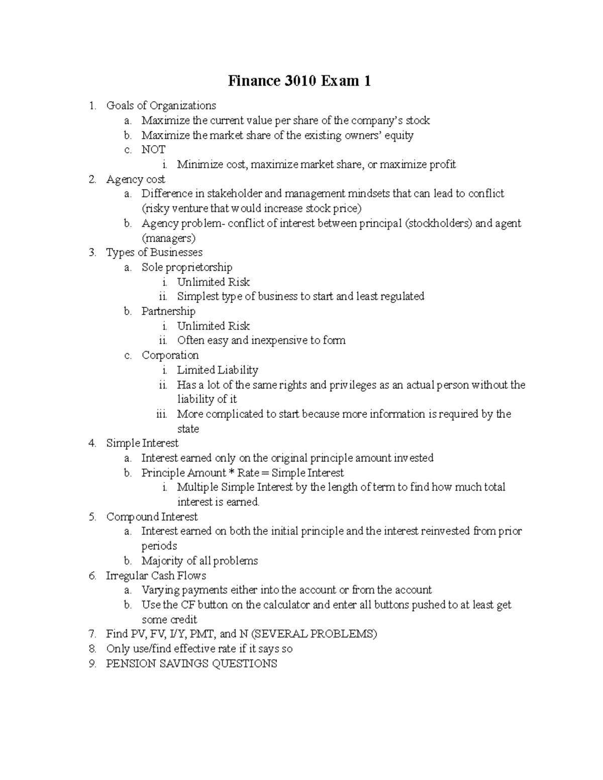 Finance 3010 Exam 1 Study Guide: Key Concepts & Strategies - Studocu