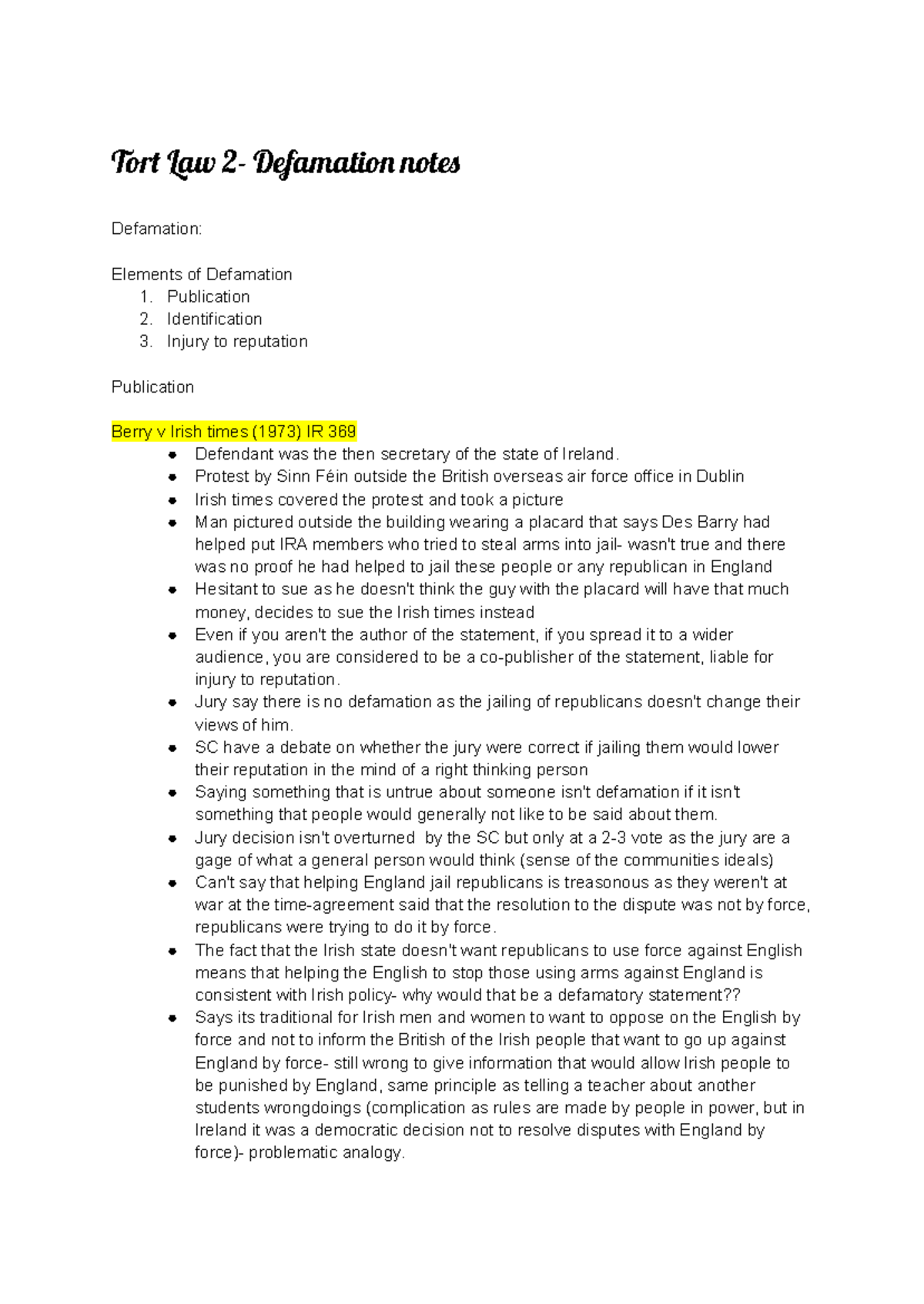 Tort Law 2 - Defamation: Key Elements & Case Analysis Notes - Studocu