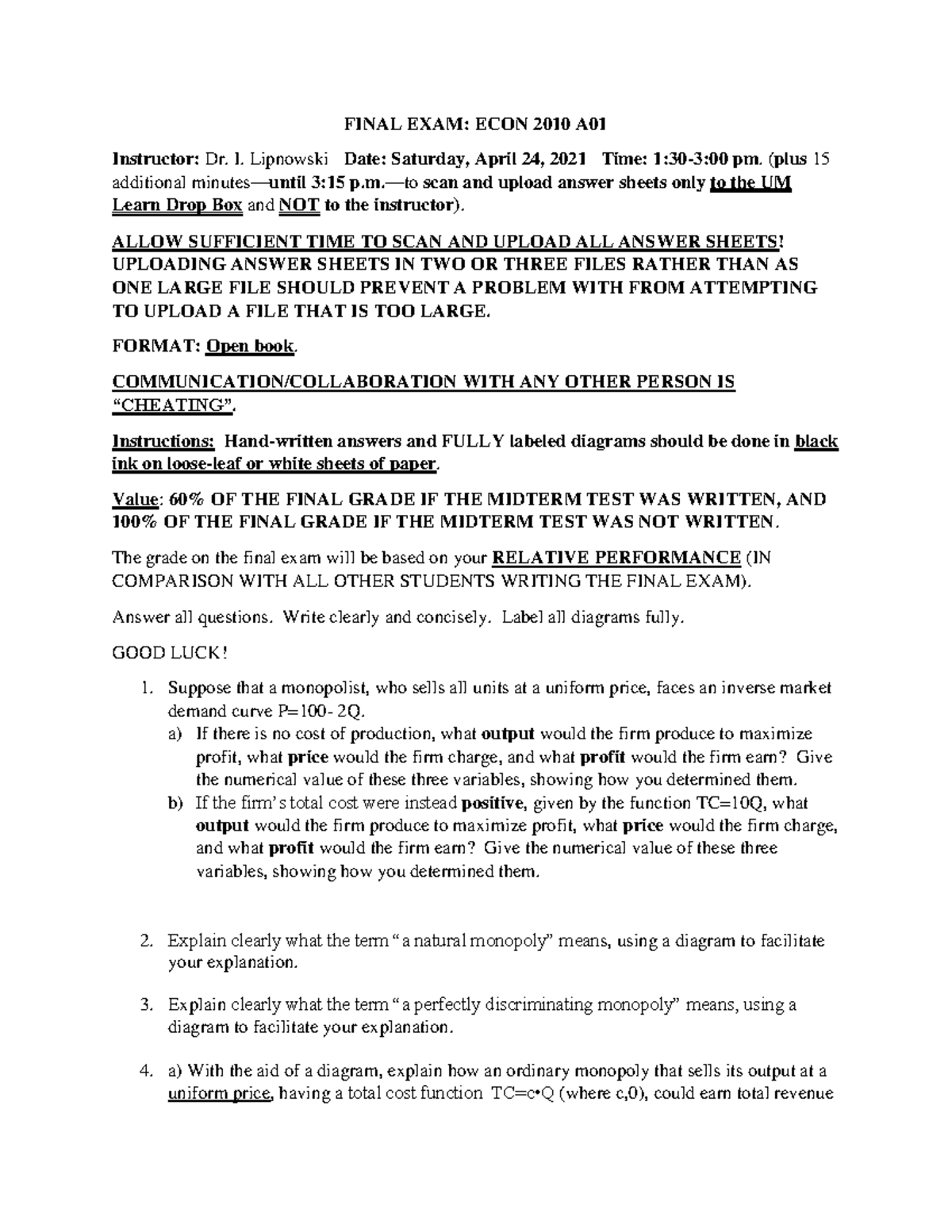 Final Exam Guide: ECON 2010 A - Key Questions and Answers - Studocu