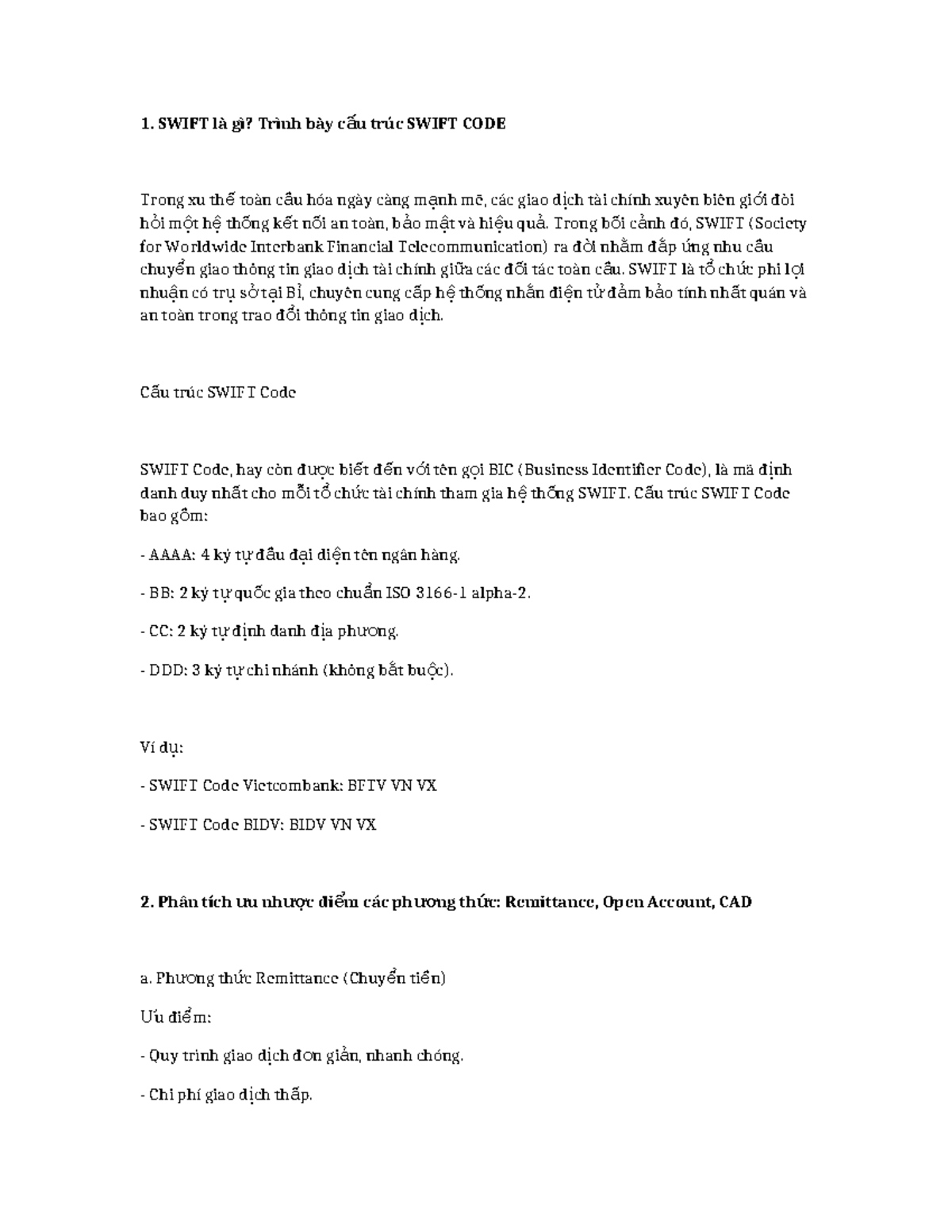 E-learning TTQT 1. SWIFT là gì? Trình bày cấu trúc SWIFT CODE - SWIFT ...