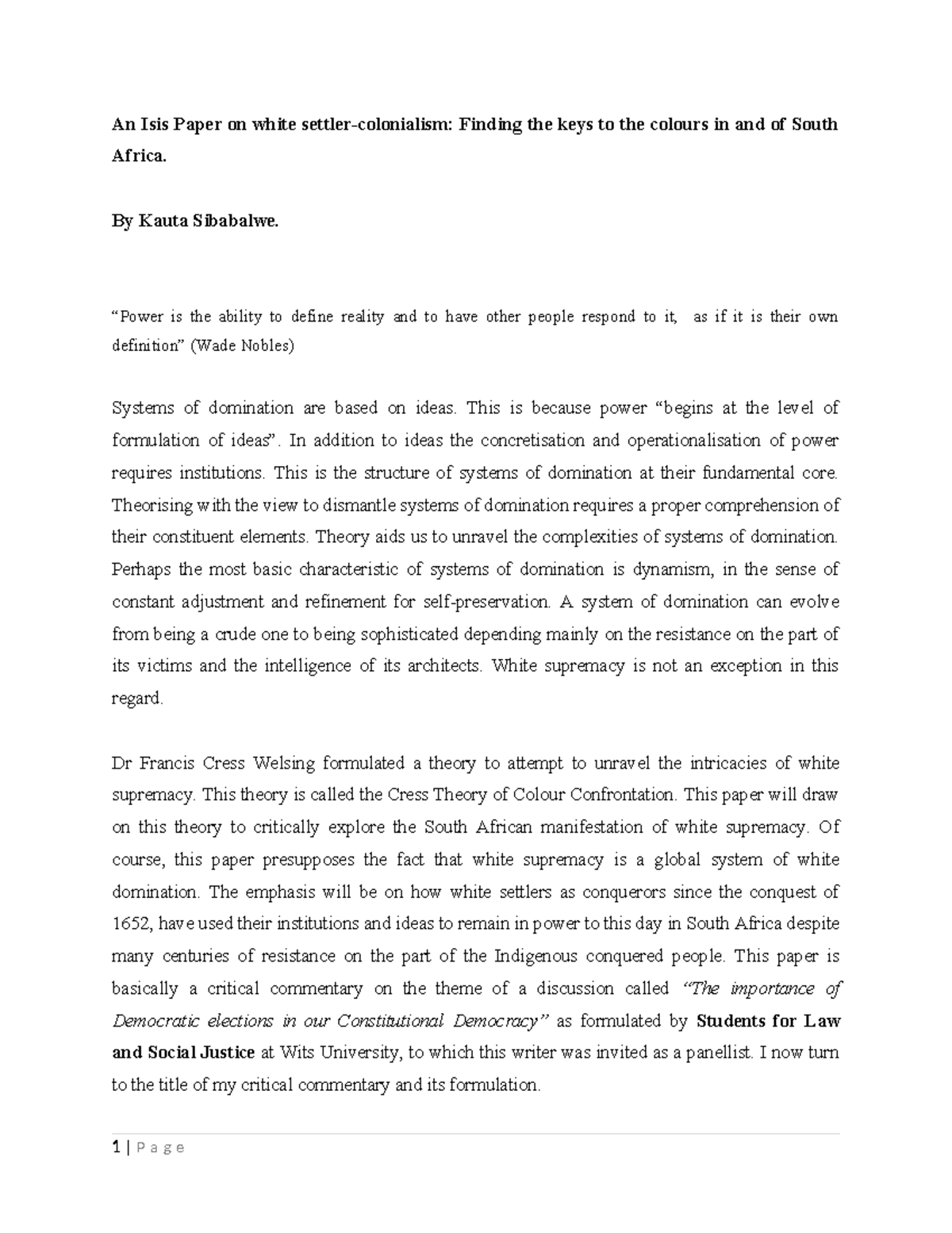 An Isis Paper on White Settler Colonialism in South Africa - Studocu