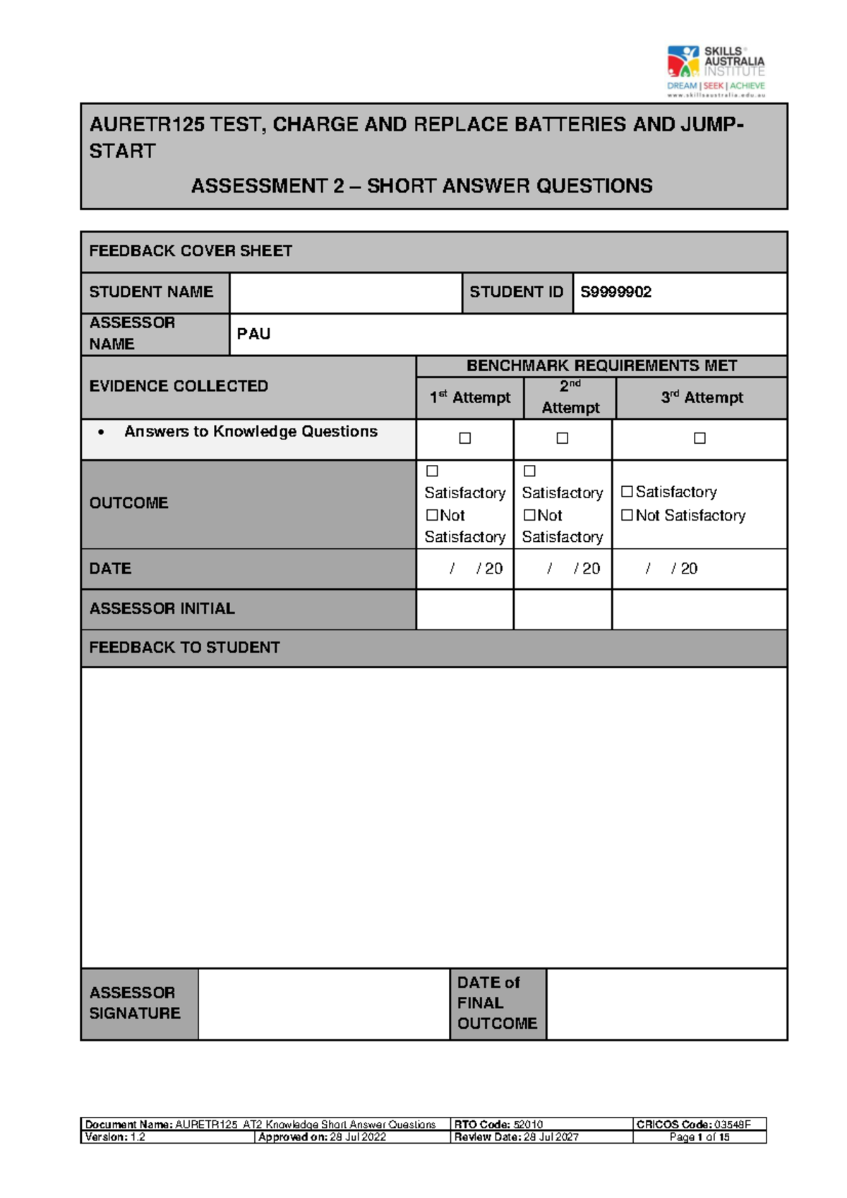 AURETR125_AT2 Knowledge Short Answer Questions on Battery Maintenance ...