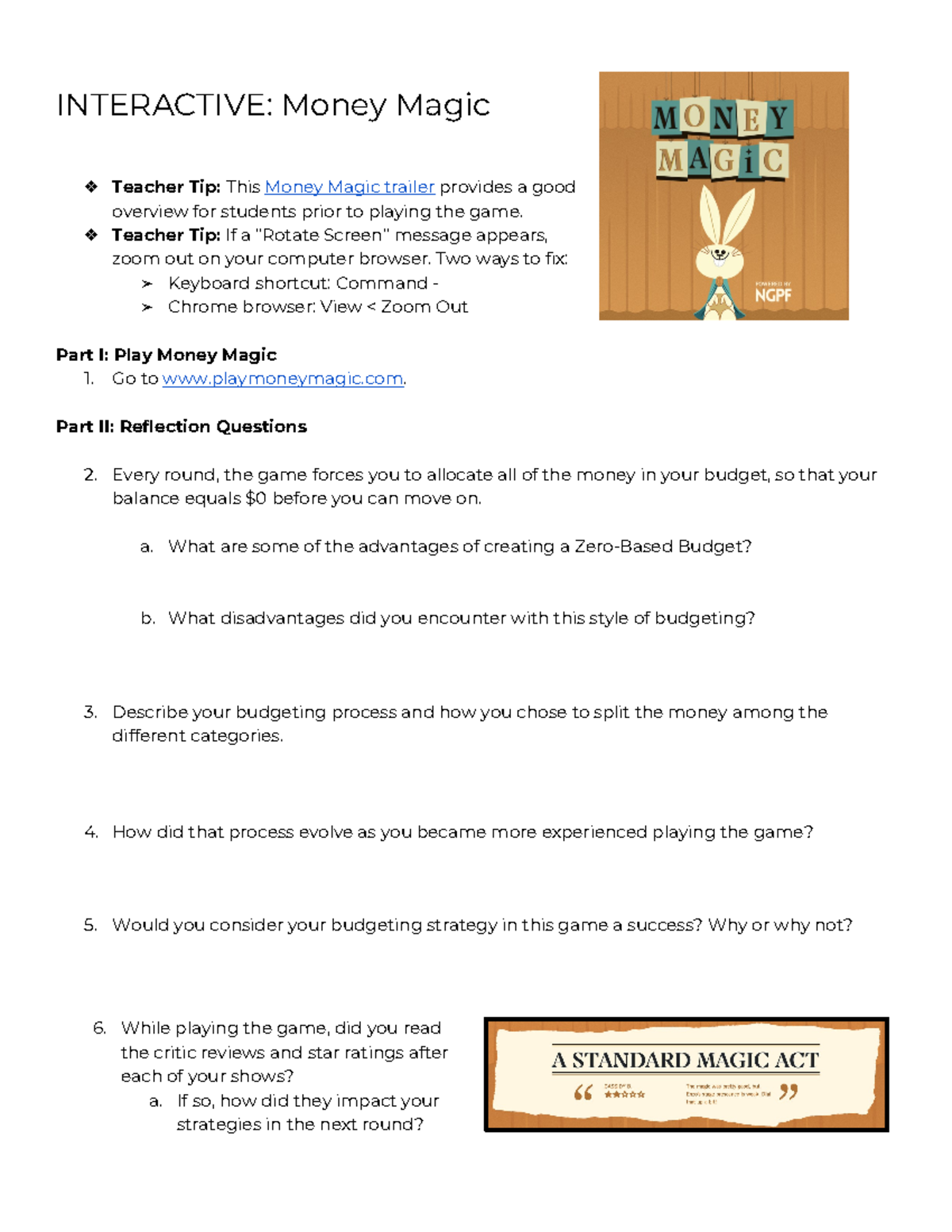 Interactive Money Magic Game Guide & Reflection Questions - Studocu