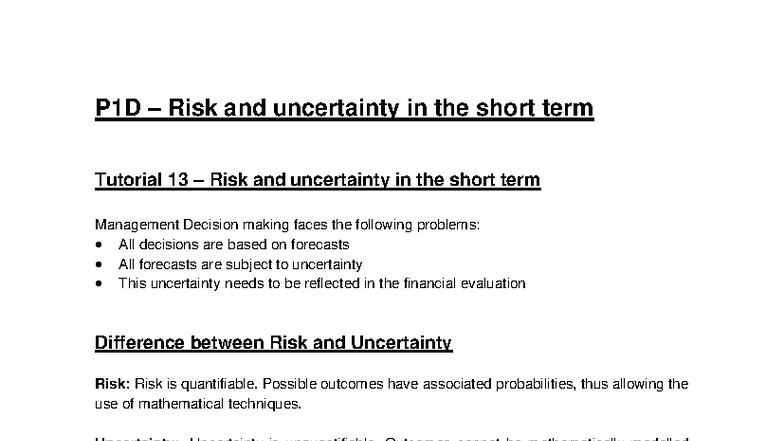 Tutorial 15 – P1D Risk and Uncertainty in Short-Term Decision Making ...