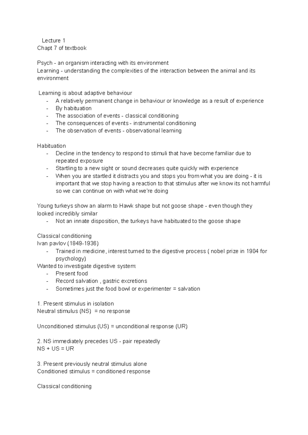 PSYC111 Lecture Notes: Learning Theories & Conditioning Concepts - Studocu