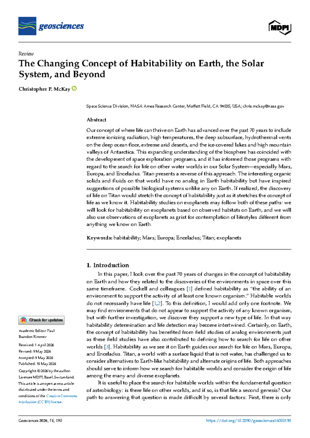 Geosciences 16: Evolving Concepts of Habitability in Space Exploration ...