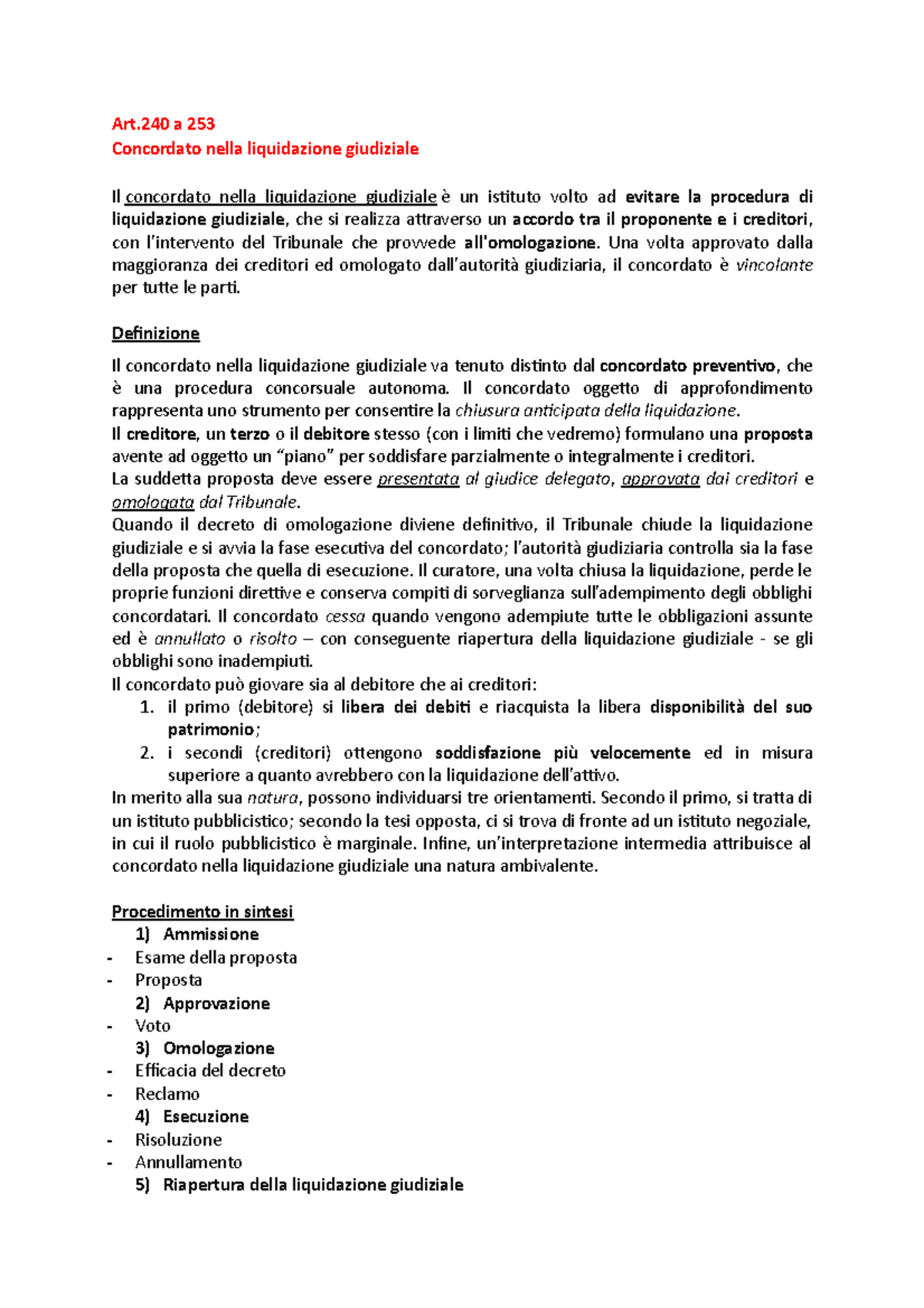 Concordato nella Liquidazione Giudiziale: Analisi e Procedura (Art.  240-253) - Studocu