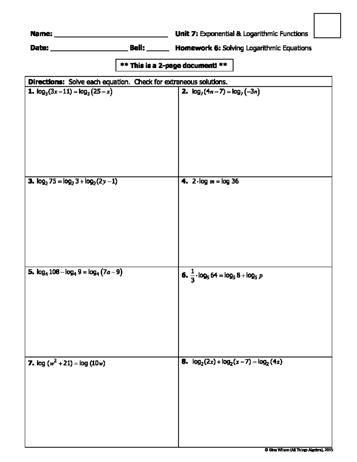 HW: Solving Logarithmic Equations for Unit 7 - Ava Batarse - Studocu