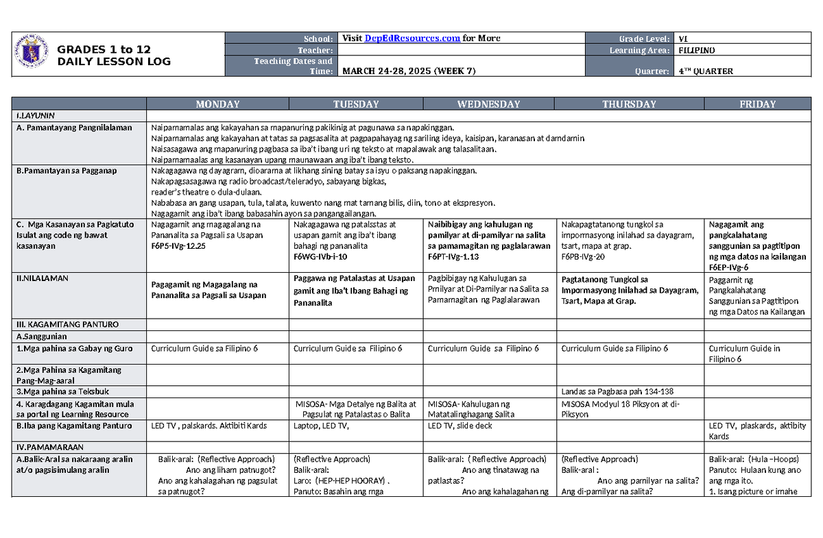 DLL Filipino 6 Q4 W7: Daily Lesson Log for Filipino 6 - Studocu