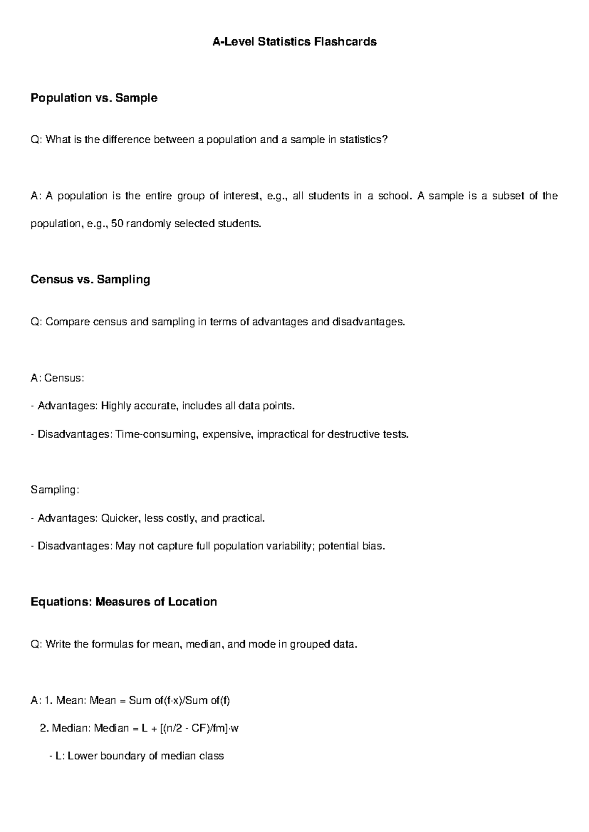A-Level Statistics Flashcards: Population vs. Sample & Key Concepts ...