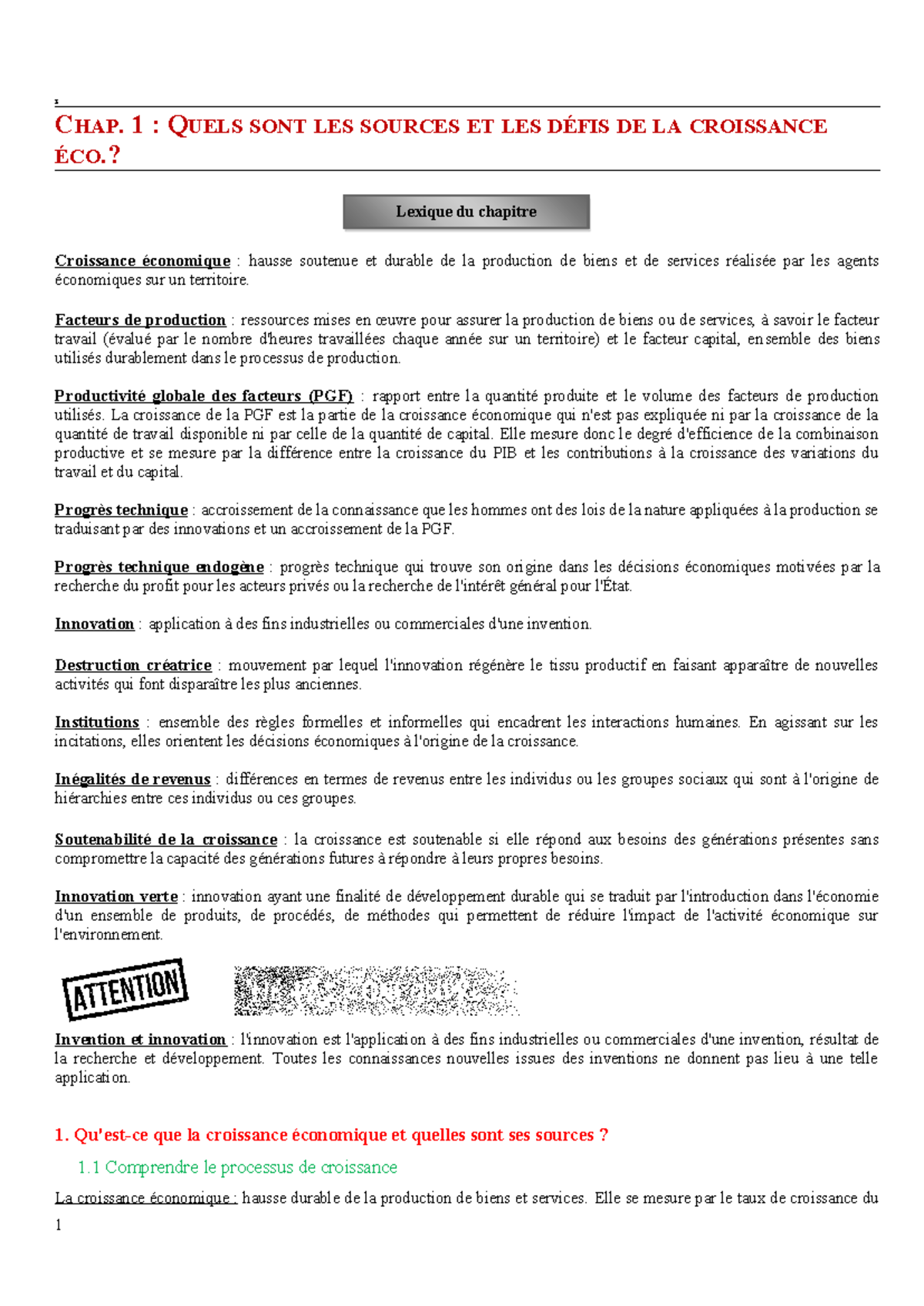 Chapitre 1 : Sources et défis de la croissance économique - Studocu