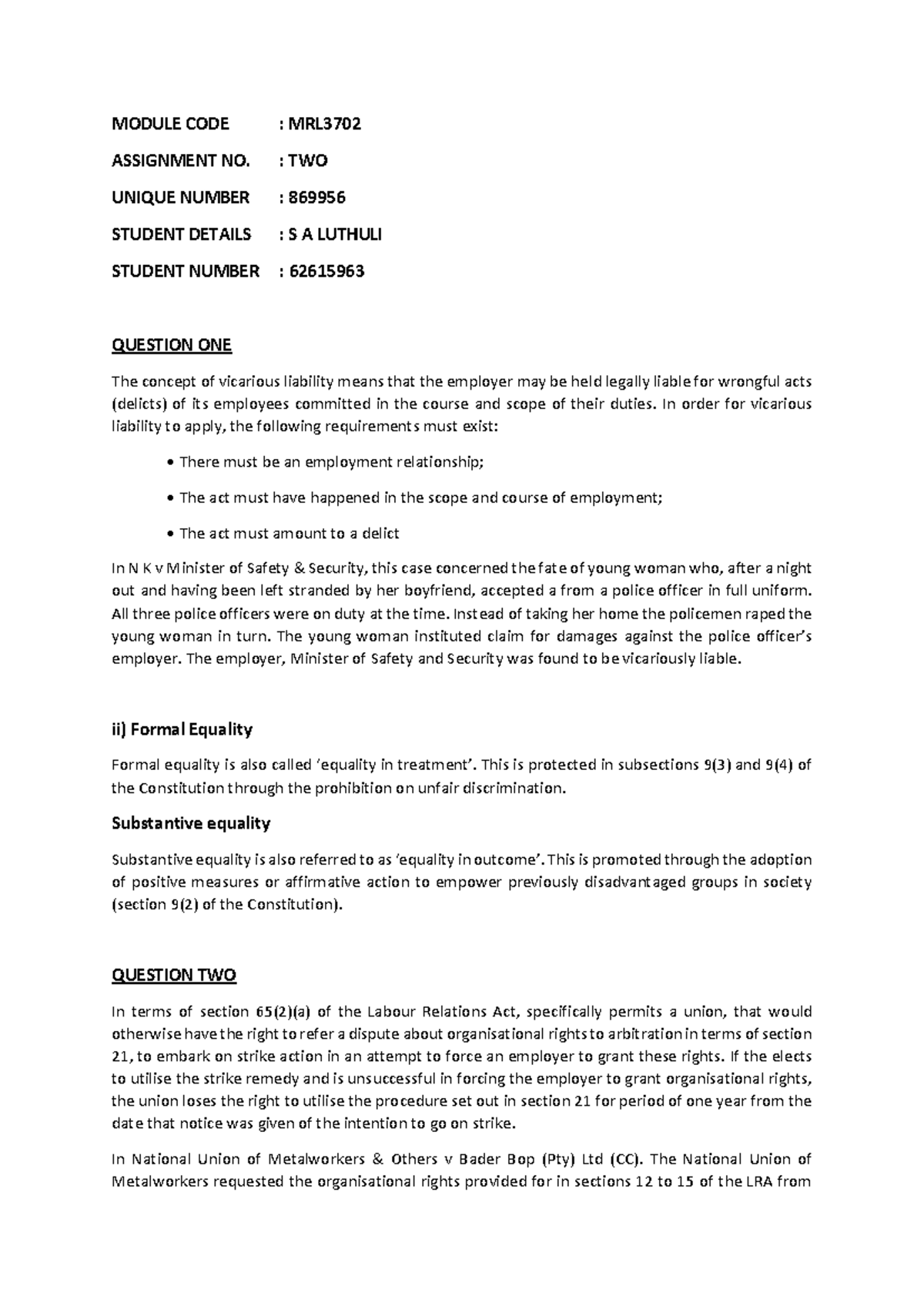 MRL3702 - Assignment 02: Questions & Answers on Labour Law Concepts ...