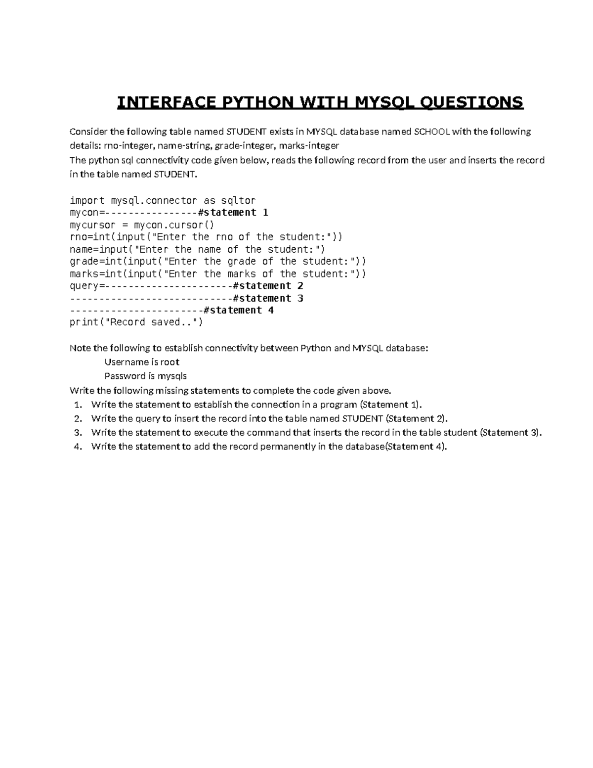 Interface Python with MySQL: Coding Questions & Exercises - Studocu