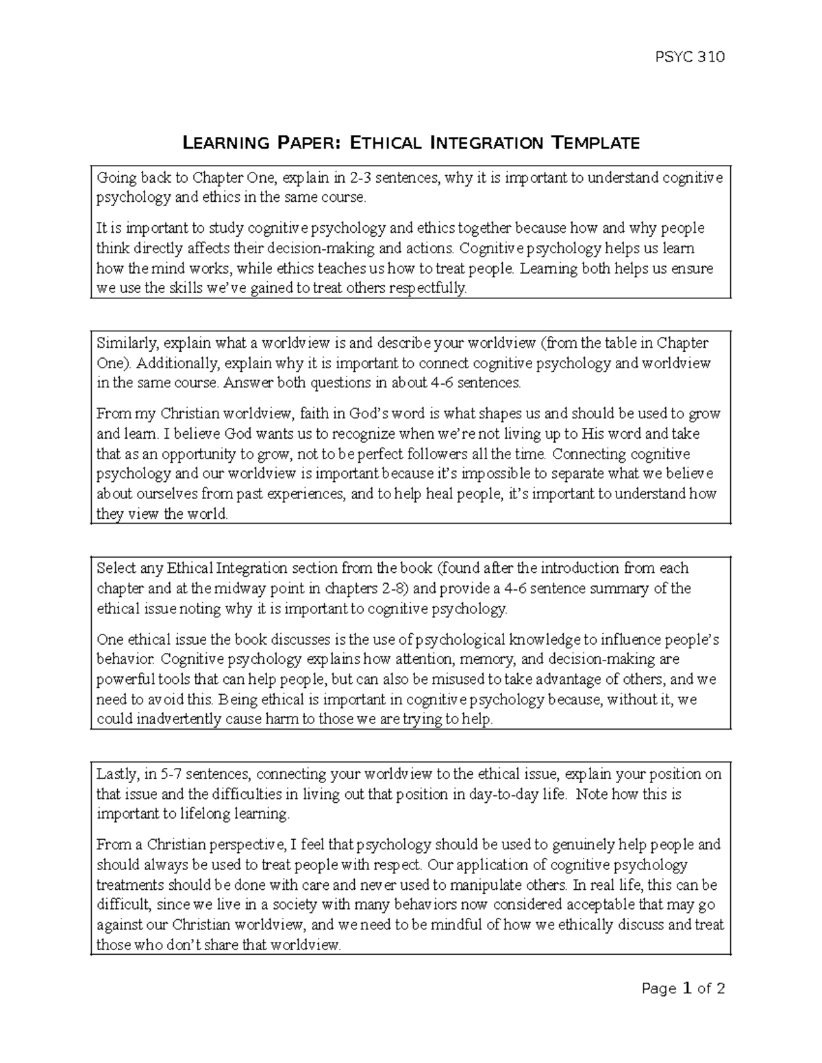 PSYC 310 Learning Paper: Ethical Integration in Cognitive Psychology ...