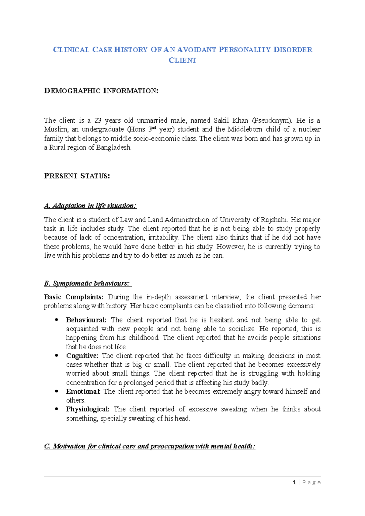 Clinicalcasehistoryofanavoidantpersonalitydisorderclient Clinical