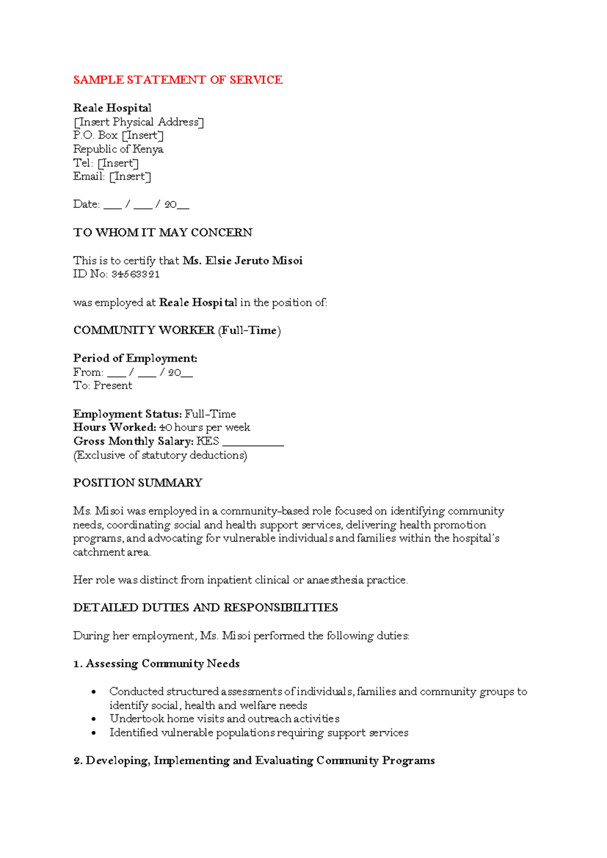SAMPLE STATEMENT OF SERVICE: Community Worker at Reale Hospital - Studocu