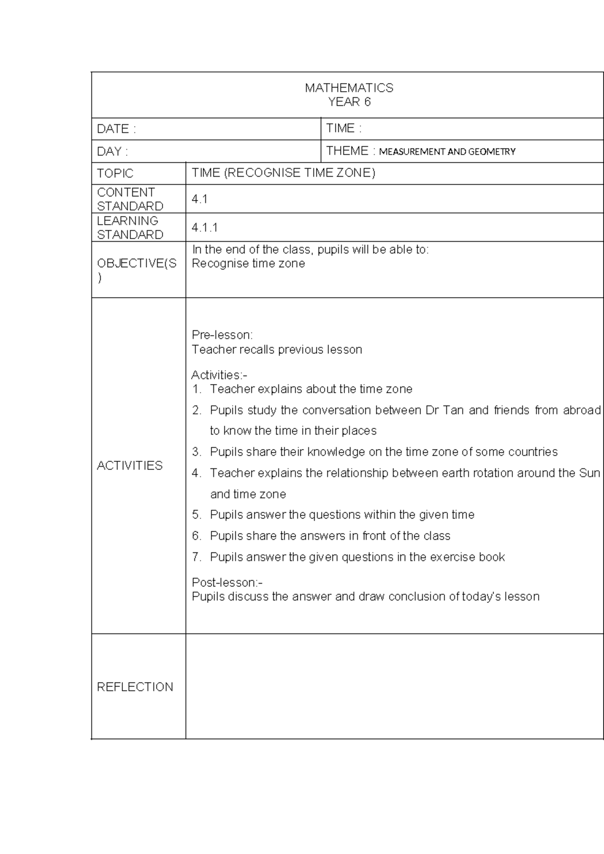 MATHEMATICS YEAR 6 - TOPIC 4: TIME LESSON PLANNING & ACTIVITIES - Studocu