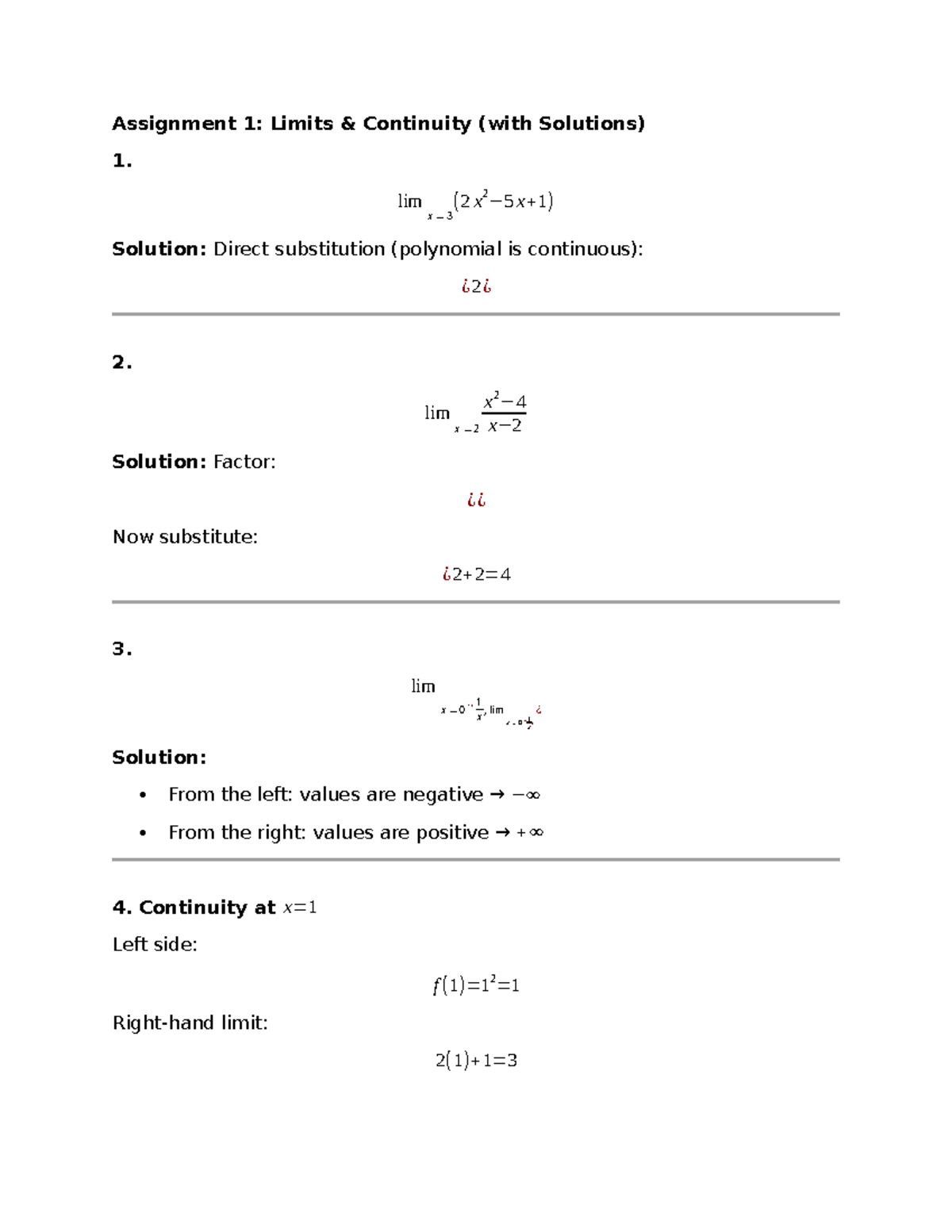 Assignment 1 - Calculus 1 - Assignment 1: Limits & Continuity (with ...