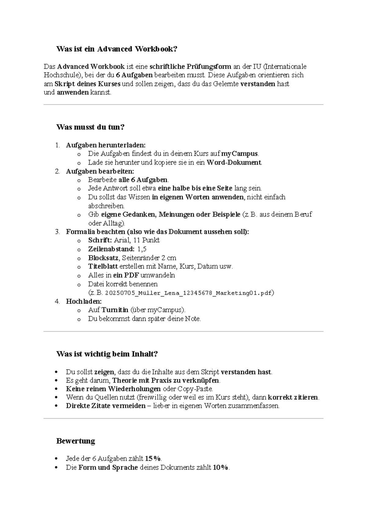 Advanced Workbook Anleitung: Prüfungsform an der IU - Studocu