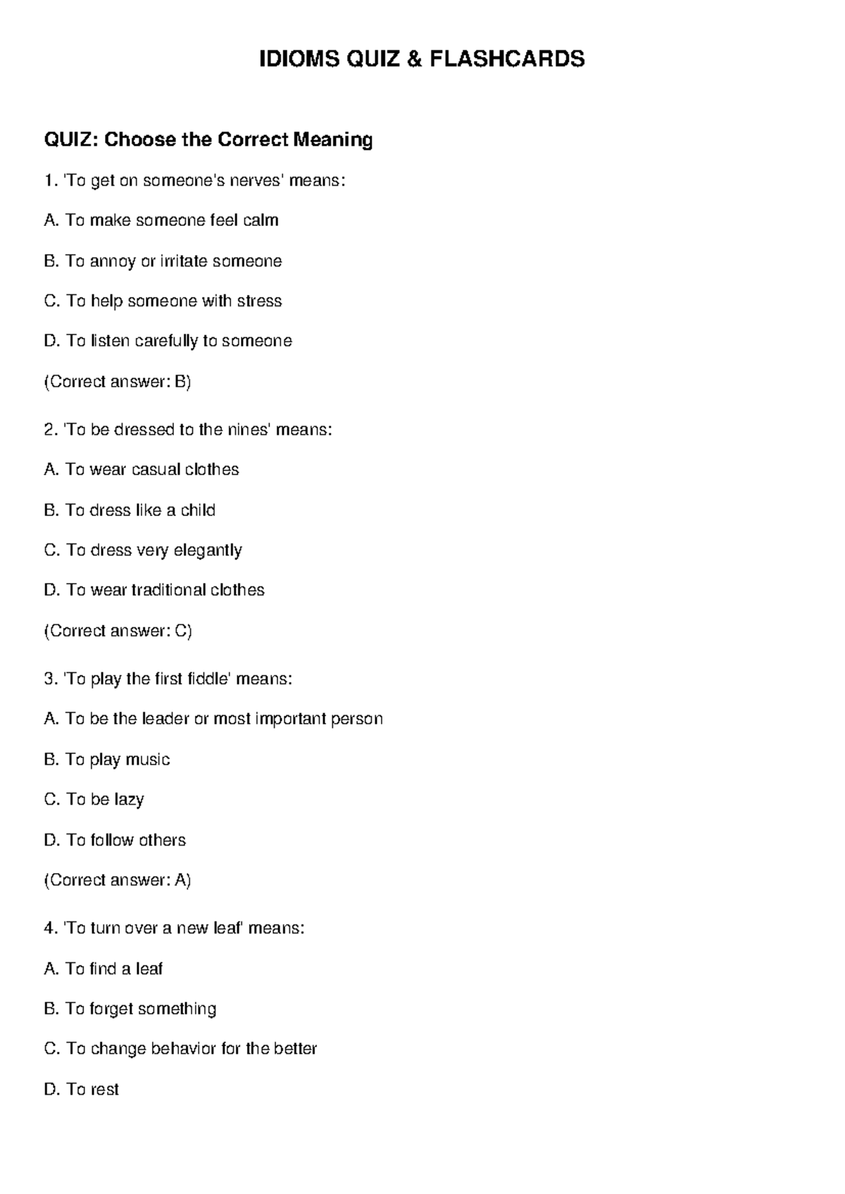 IDIOMS QUIZ FLASHCARDS: Choose the Correct Meaning (IDI-101) - Studocu