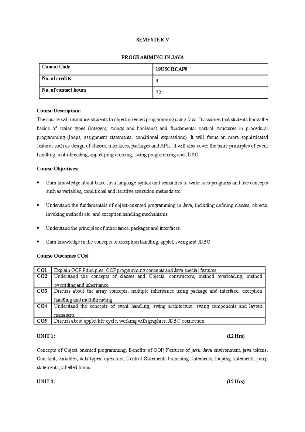 Programming in Java syllabus - SEMESTER V PROGRAMMING IN JAVA Course ...