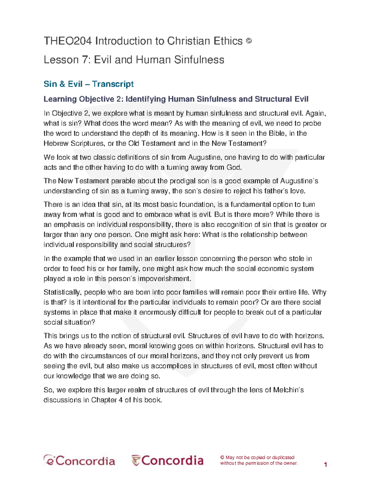 THEO204 Lesson 7: Understanding Sin and Structural Evil Transcript ...